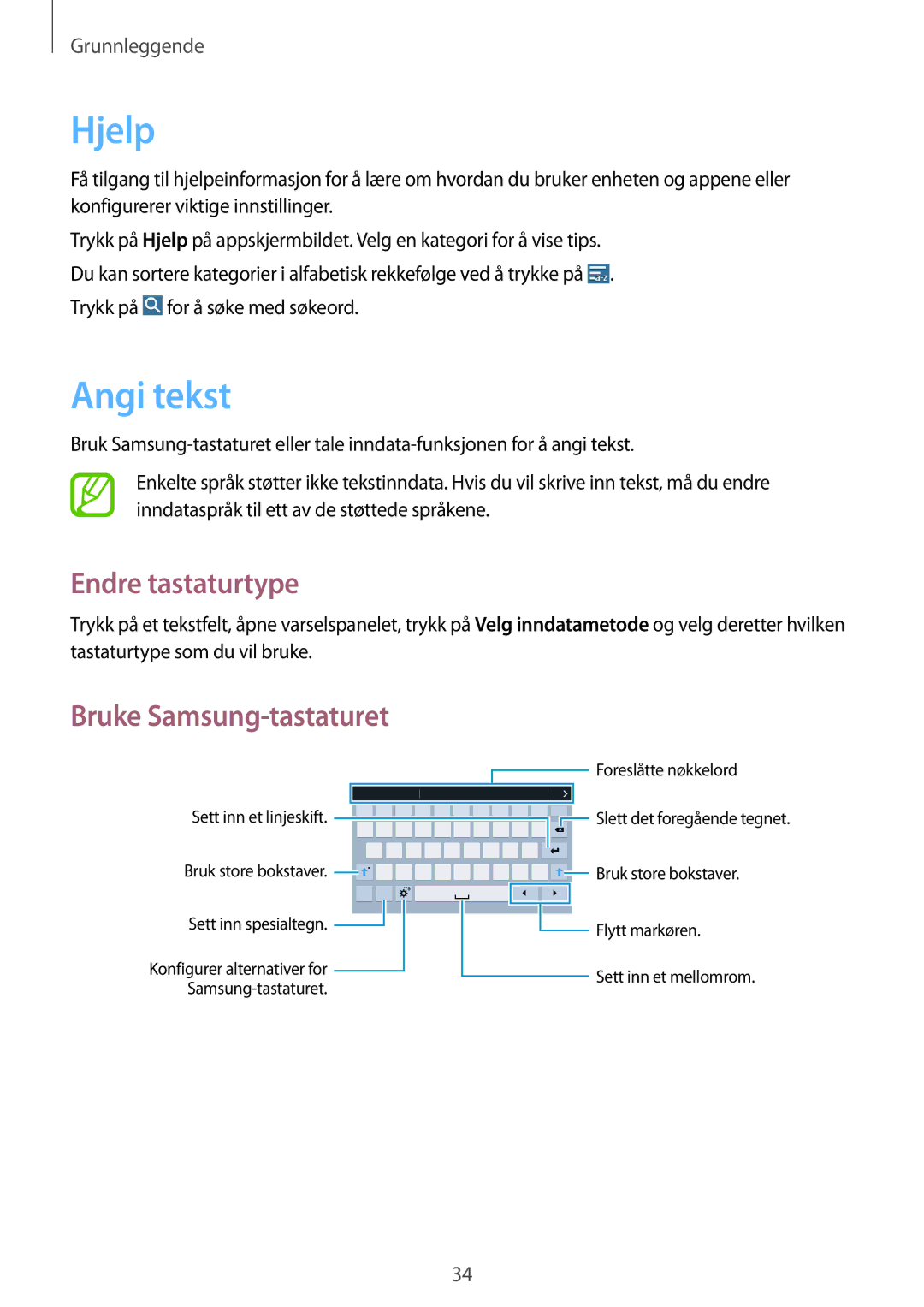 Samsung SM-T335NZWANEE, SM-T335NYKANEE, SM-T335NDWANEE manual Hjelp, Angi tekst, Endre tastaturtype, Bruke Samsung-tastaturet 