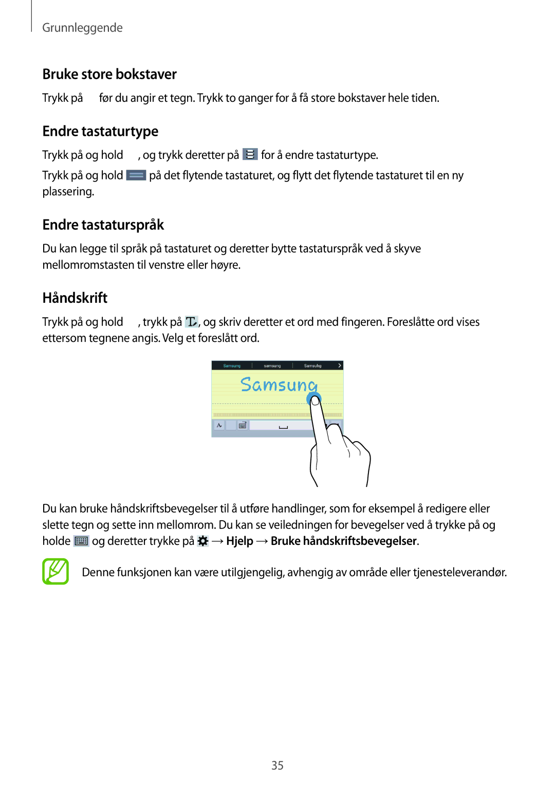 Samsung SM-T335NDWANEE, SM-T335NYKANEE manual Bruke store bokstaver, Endre tastaturtype, Endre tastaturspråk, Håndskrift 