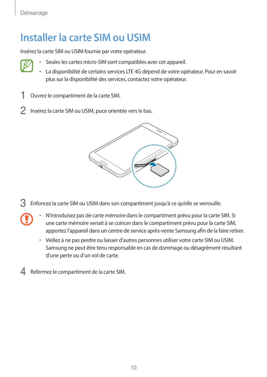 Samsung SM-T335NYKAXEF manual Installer la carte SIM ou Usim 