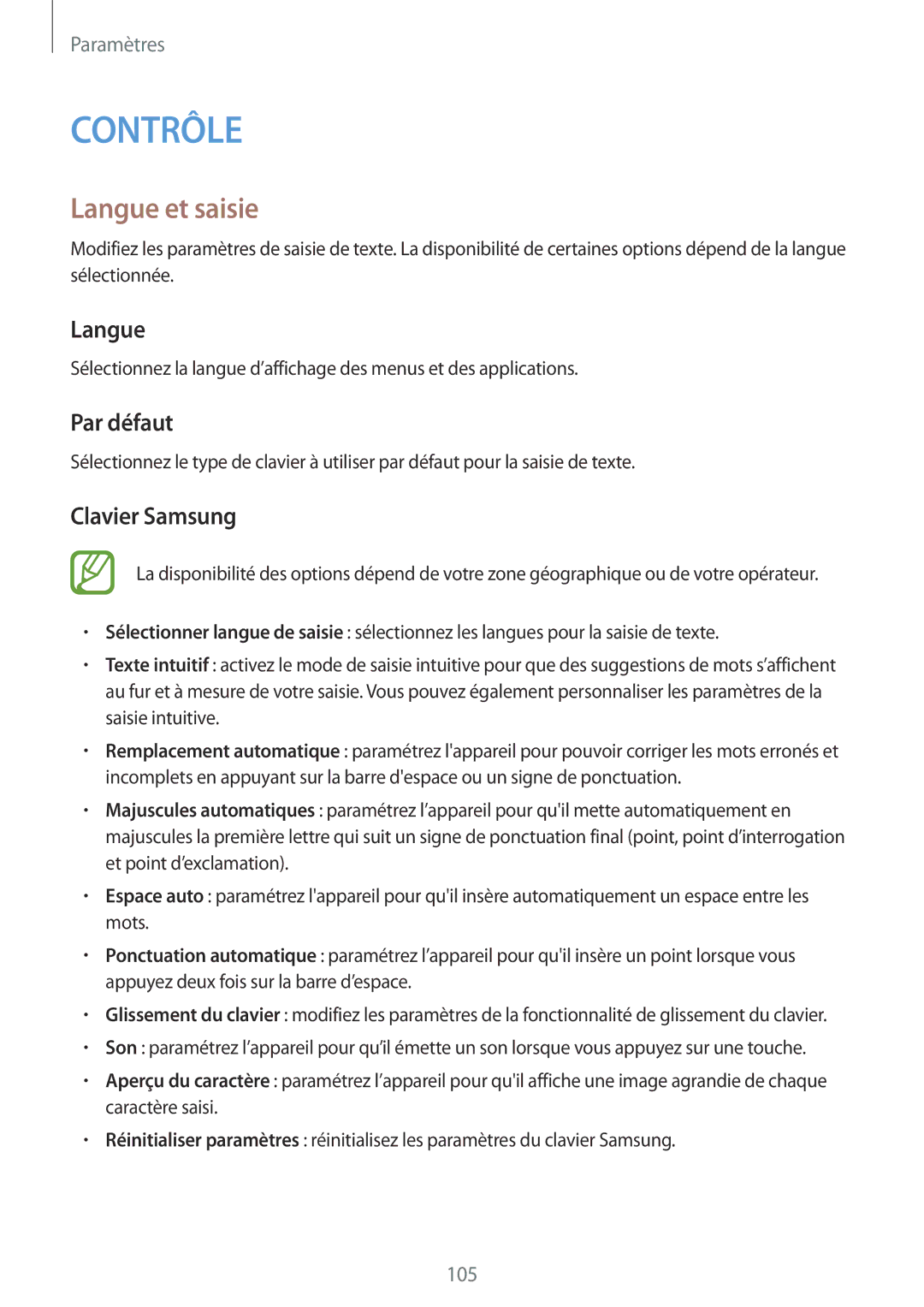 Samsung SM-T335NYKAXEF manual Langue et saisie, Par défaut, Clavier Samsung 