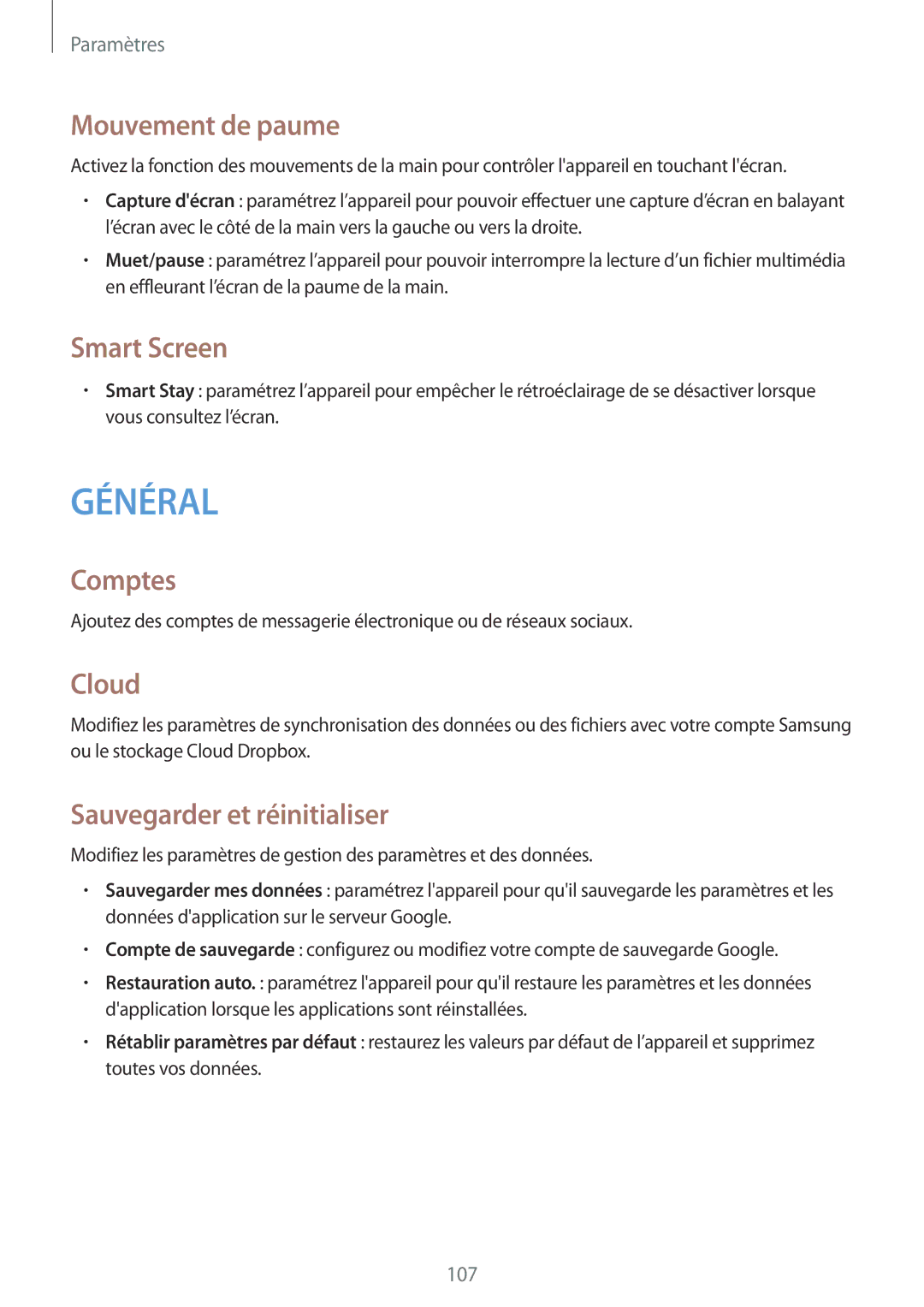 Samsung SM-T335NYKAXEF manual Mouvement de paume, Smart Screen, Comptes, Cloud, Sauvegarder et réinitialiser 