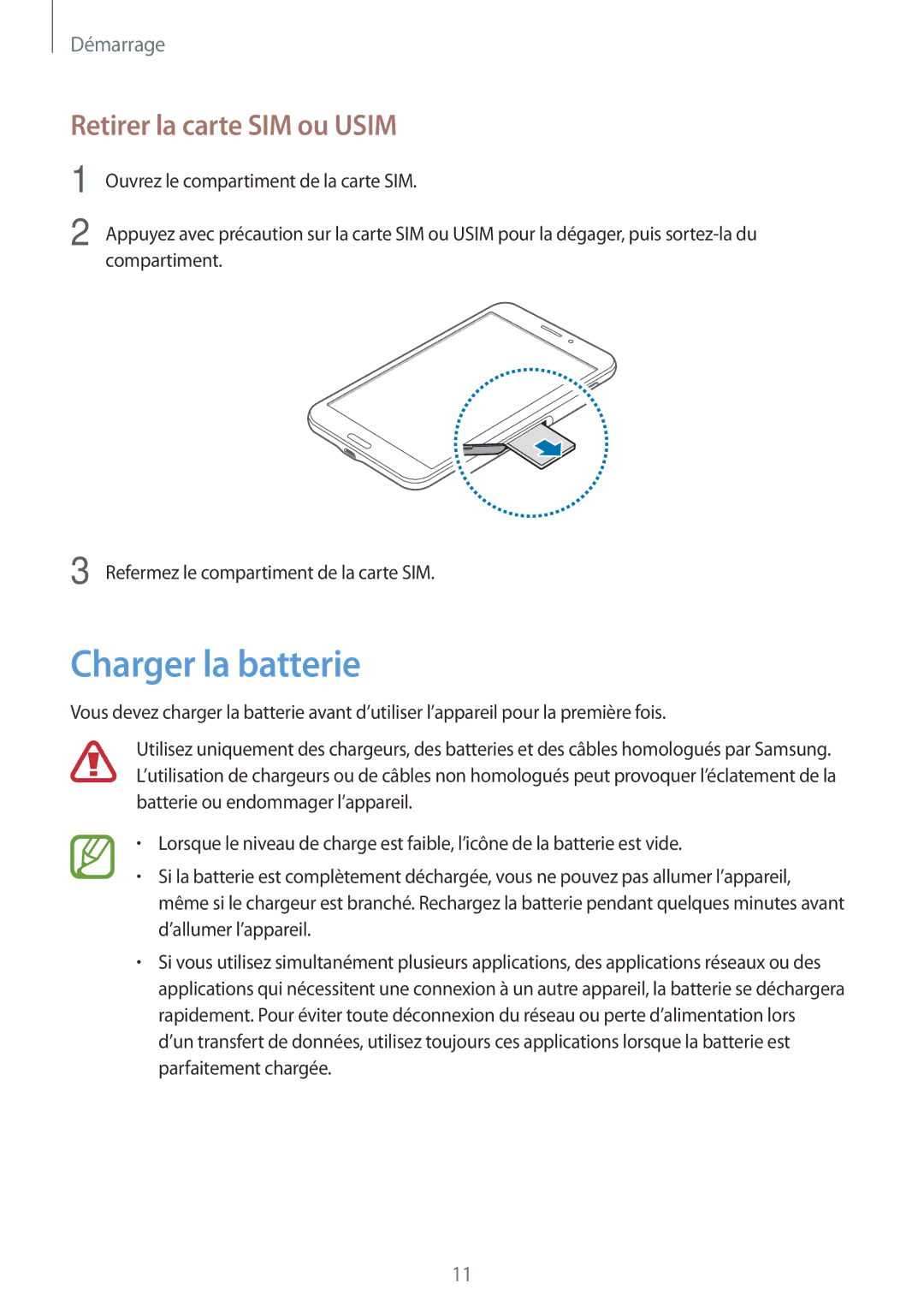 Samsung SM-T335NYKAXEF manual Charger la batterie, Retirer la carte SIM ou Usim 