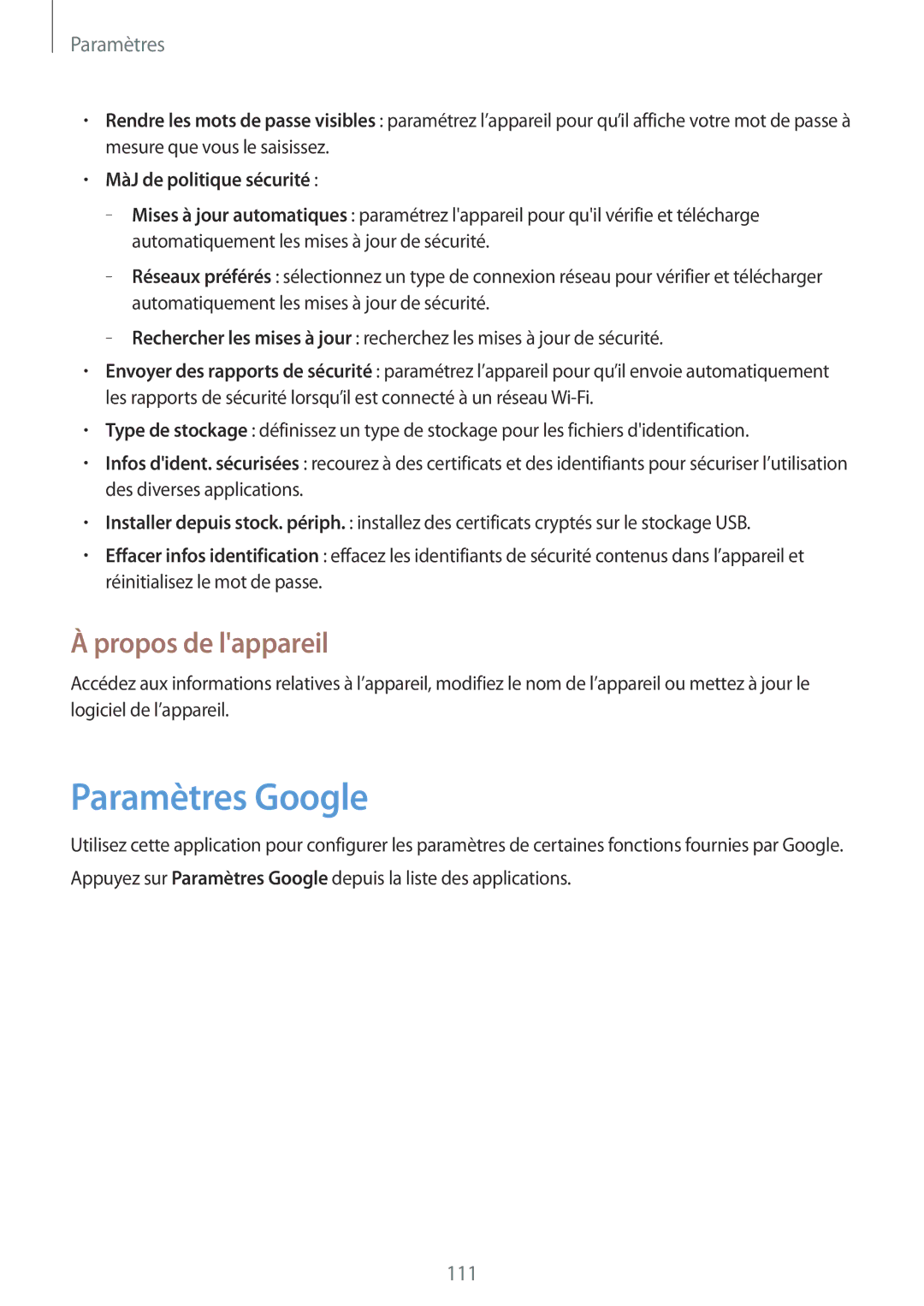 Samsung SM-T335NYKAXEF manual Paramètres Google, Propos de lappareil, MàJ de politique sécurité 