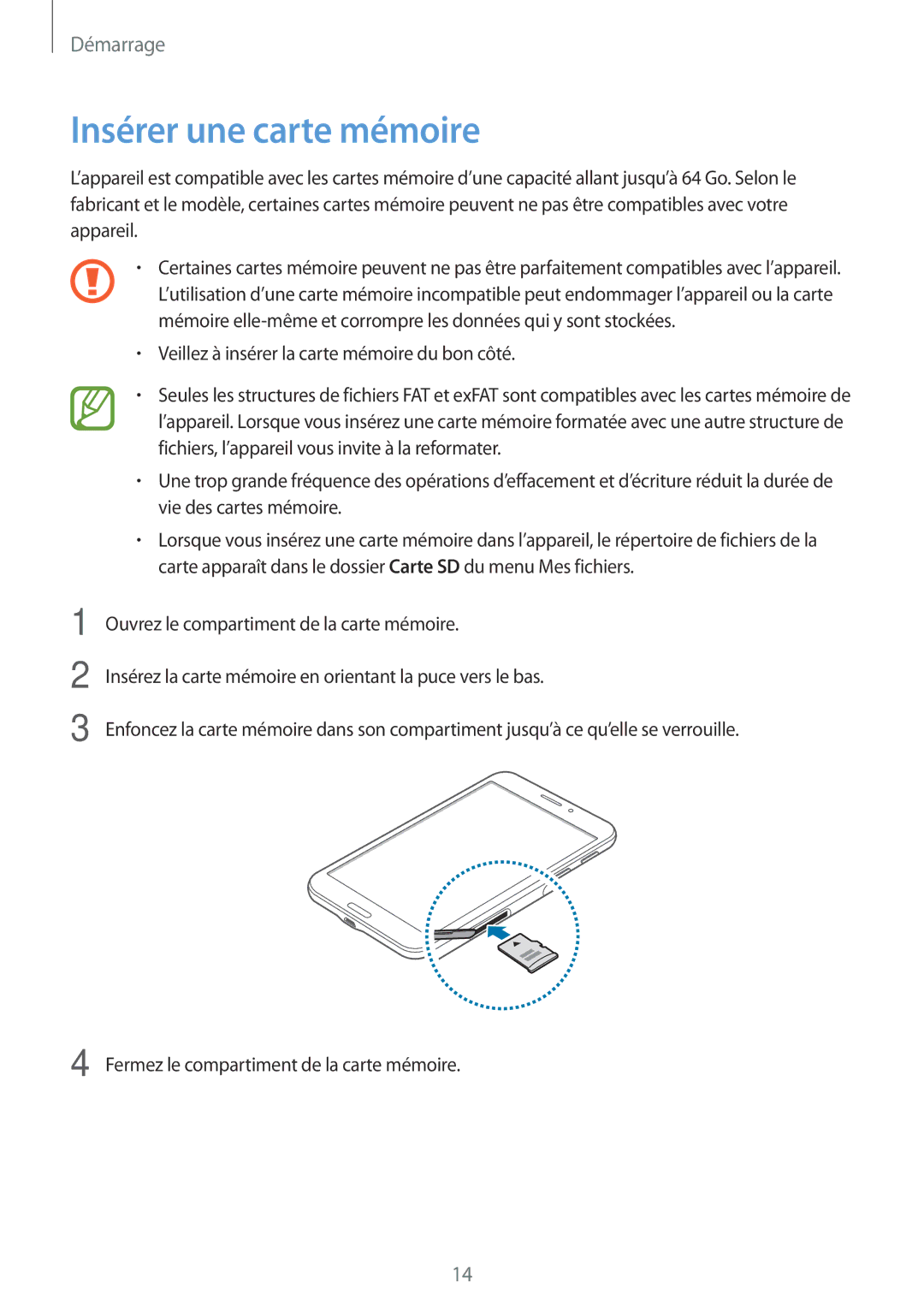 Samsung SM-T335NYKAXEF manual Insérer une carte mémoire 