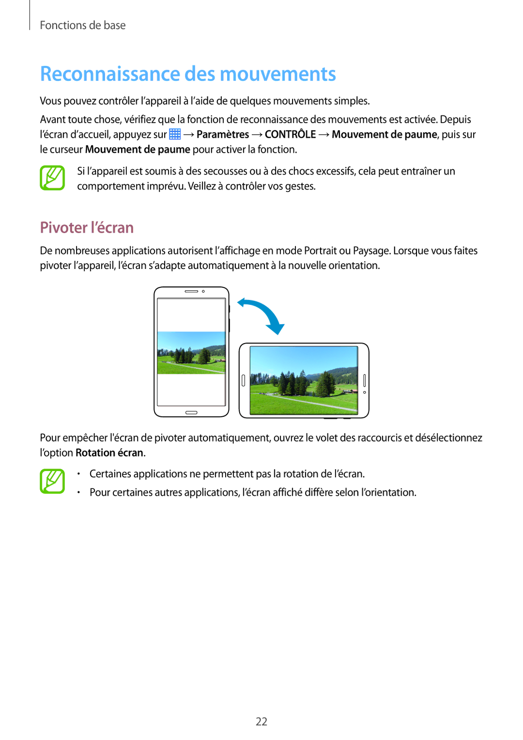 Samsung SM-T335NYKAXEF manual Reconnaissance des mouvements, Pivoter l’écran 
