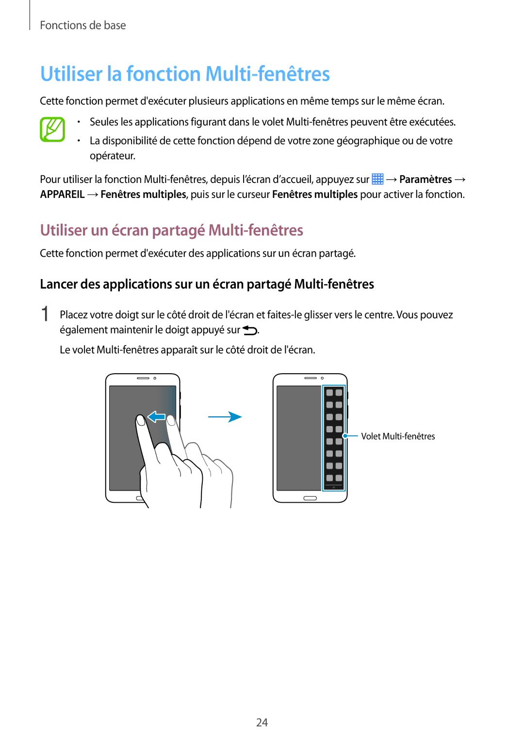 Samsung SM-T335NYKAXEF manual Utiliser la fonction Multi-fenêtres, Utiliser un écran partagé Multi-fenêtres 