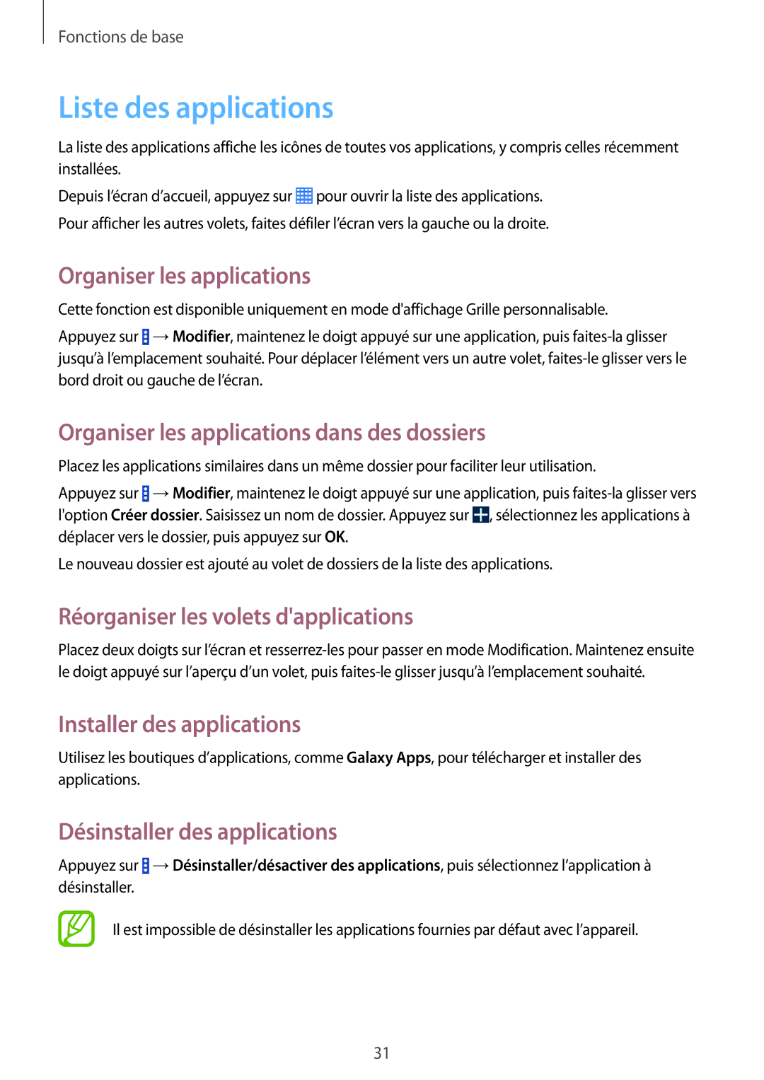 Samsung SM-T335NYKAXEF manual Liste des applications 