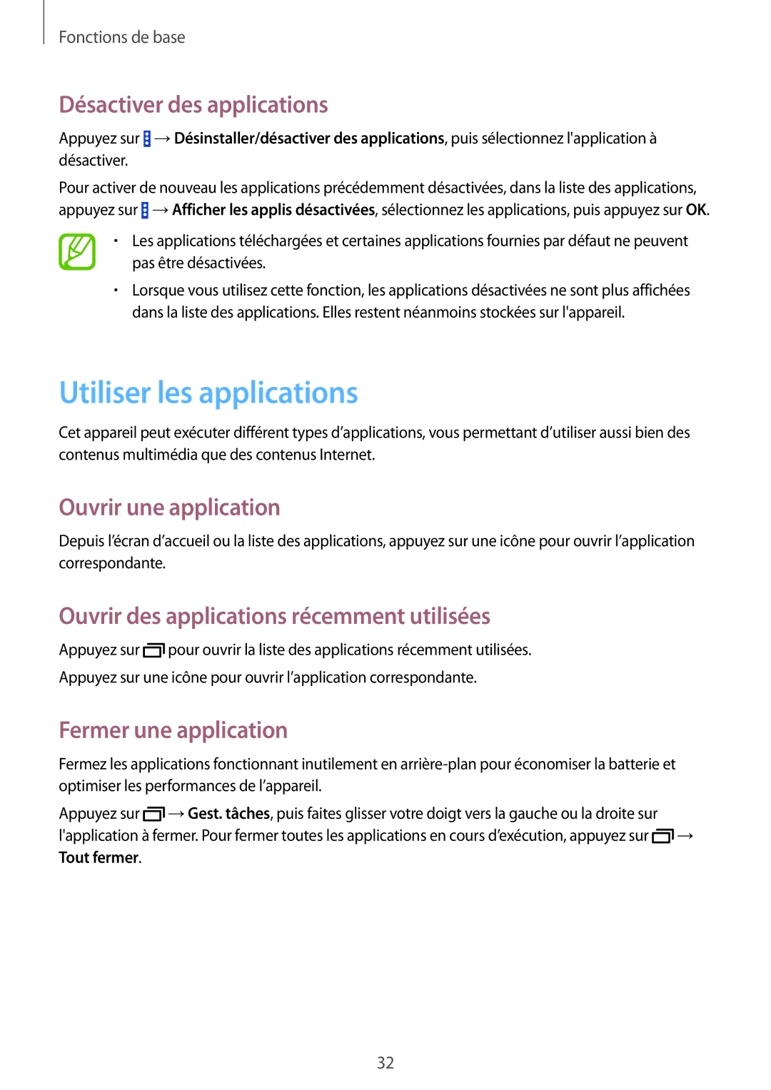 Samsung SM-T335NYKAXEF manual Utiliser les applications, Désactiver des applications, Ouvrir une application 