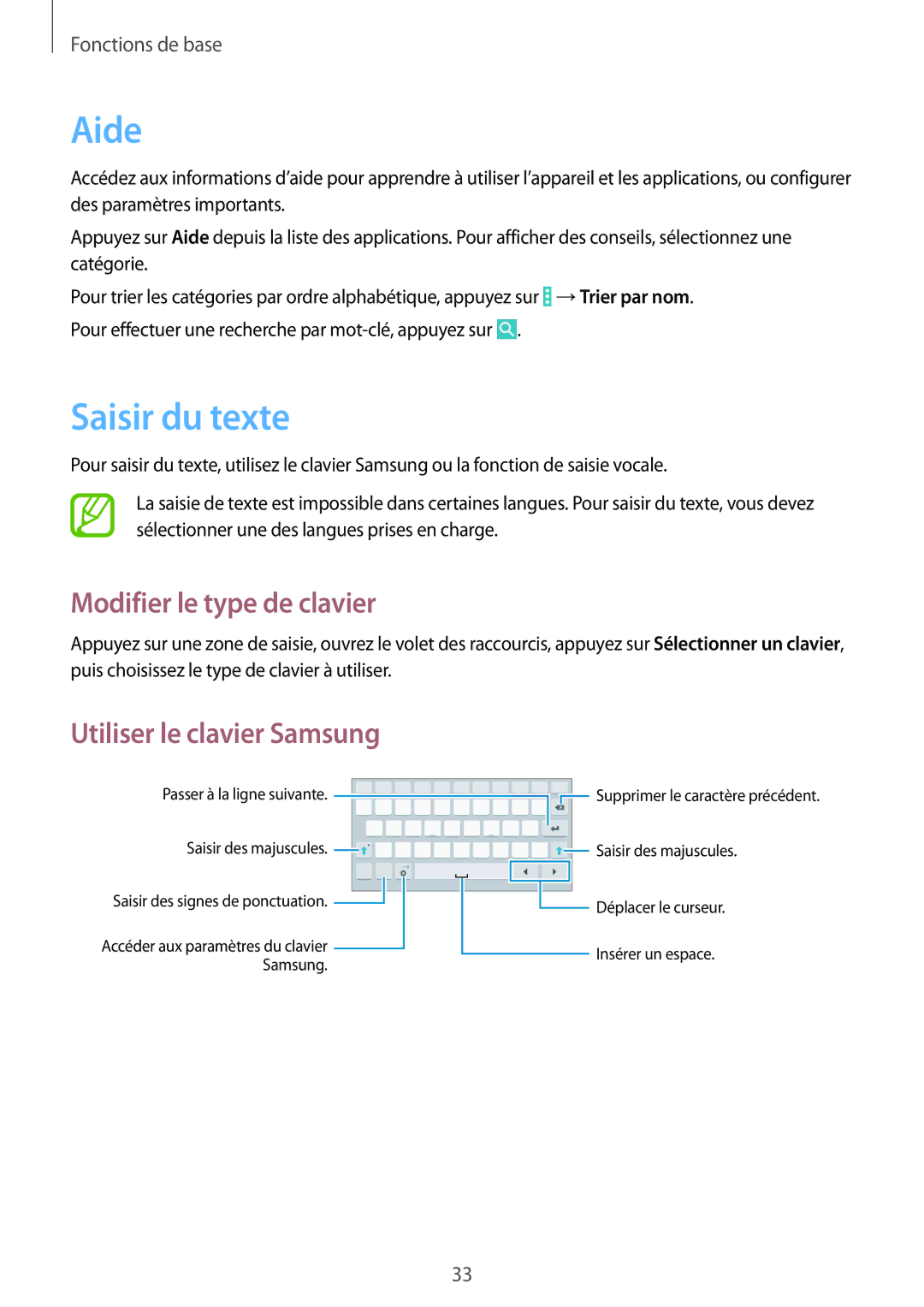 Samsung SM-T335NYKAXEF manual Aide, Saisir du texte, Modifier le type de clavier, Utiliser le clavier Samsung 