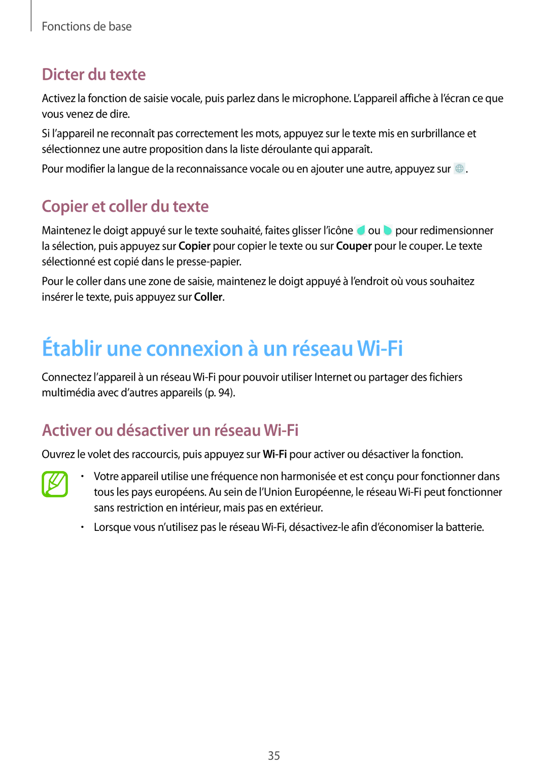 Samsung SM-T335NYKAXEF manual Établir une connexion à un réseau Wi-Fi, Dicter du texte, Copier et coller du texte 