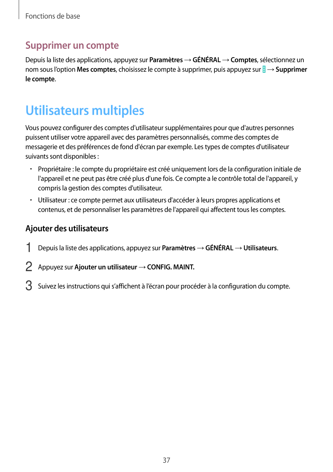 Samsung SM-T335NYKAXEF manual Utilisateurs multiples, Supprimer un compte, Ajouter des utilisateurs 