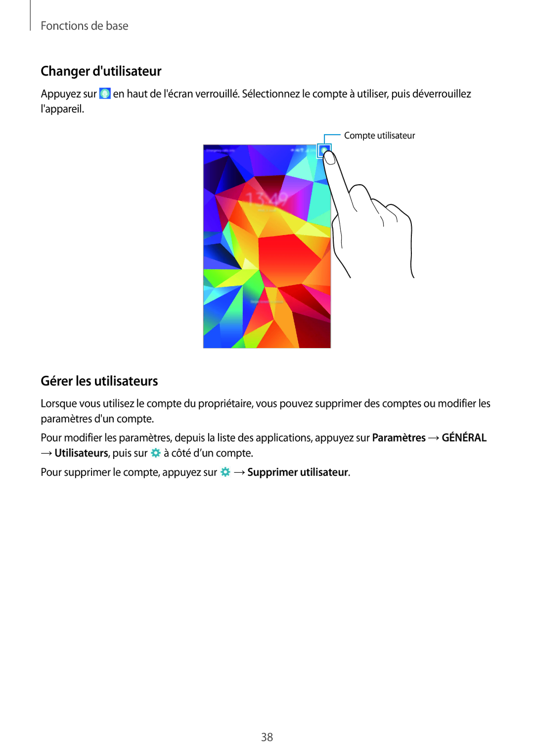 Samsung SM-T335NYKAXEF manual Changer dutilisateur, Gérer les utilisateurs 