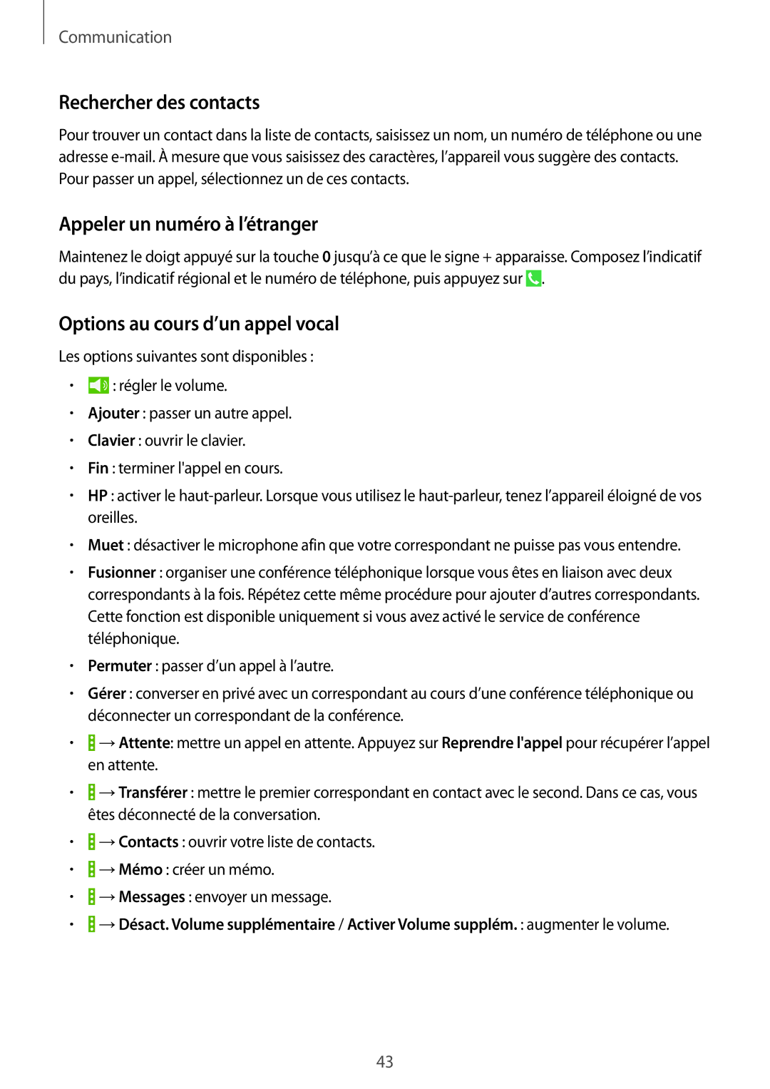 Samsung SM-T335NYKAXEF manual Rechercher des contacts, Appeler un numéro à l’étranger, Options au cours d’un appel vocal 