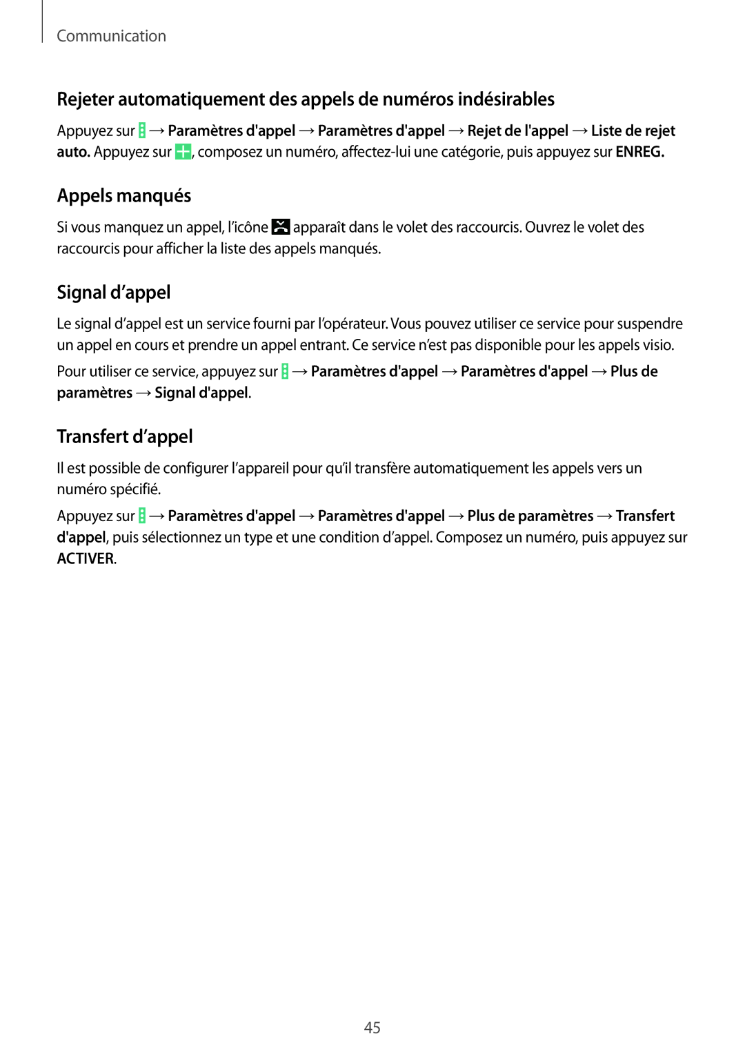 Samsung SM-T335NYKAXEF manual Rejeter automatiquement des appels de numéros indésirables, Appels manqués, Signal d’appel 