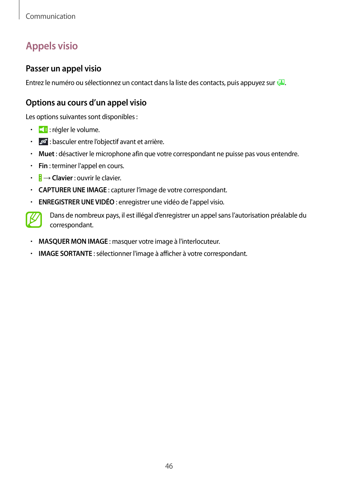 Samsung SM-T335NYKAXEF manual Appels visio, Passer un appel visio, Options au cours d’un appel visio 