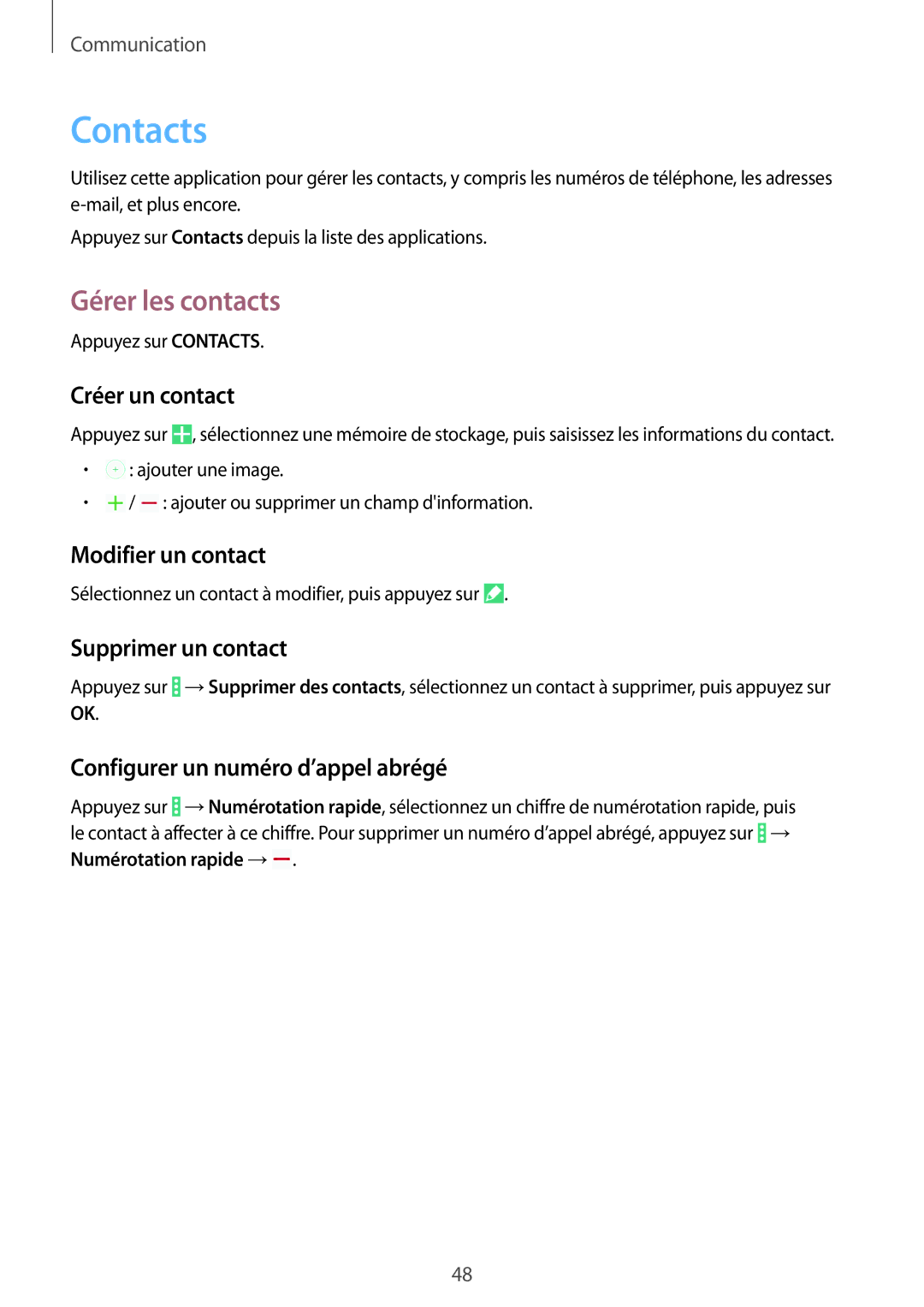 Samsung SM-T335NYKAXEF manual Contacts, Gérer les contacts 