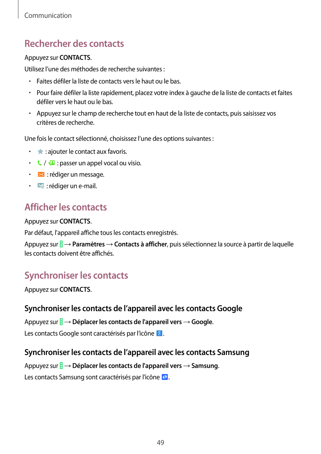 Samsung SM-T335NYKAXEF manual Rechercher des contacts, Afficher les contacts, Synchroniser les contacts 