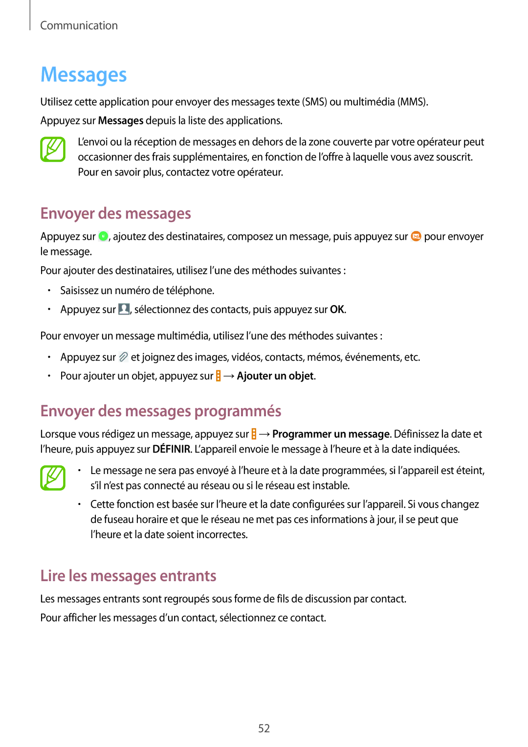 Samsung SM-T335NYKAXEF manual Messages, Envoyer des messages programmés, Lire les messages entrants 