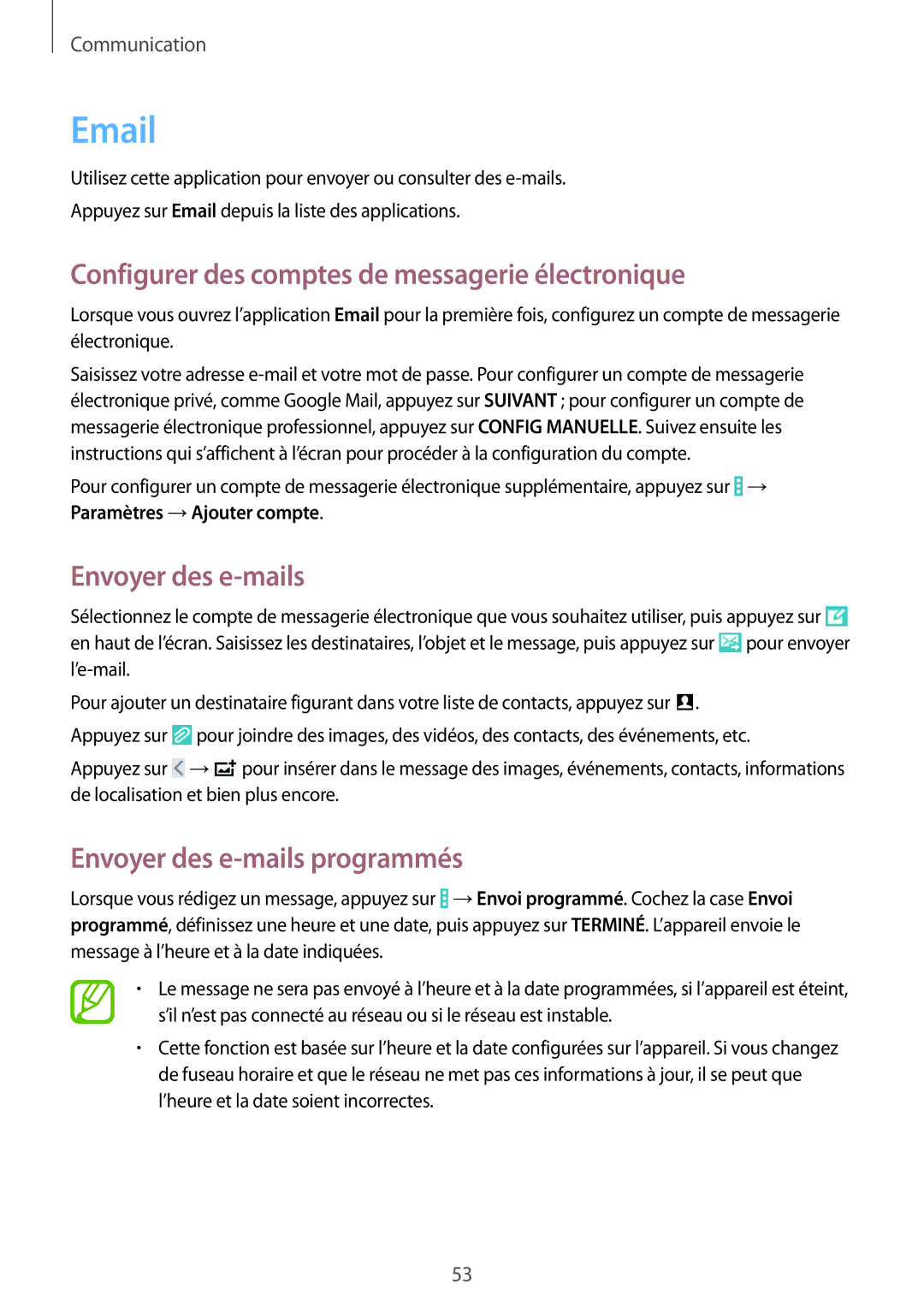 Samsung SM-T335NYKAXEF manual Configurer des comptes de messagerie électronique, Envoyer des e-mails 