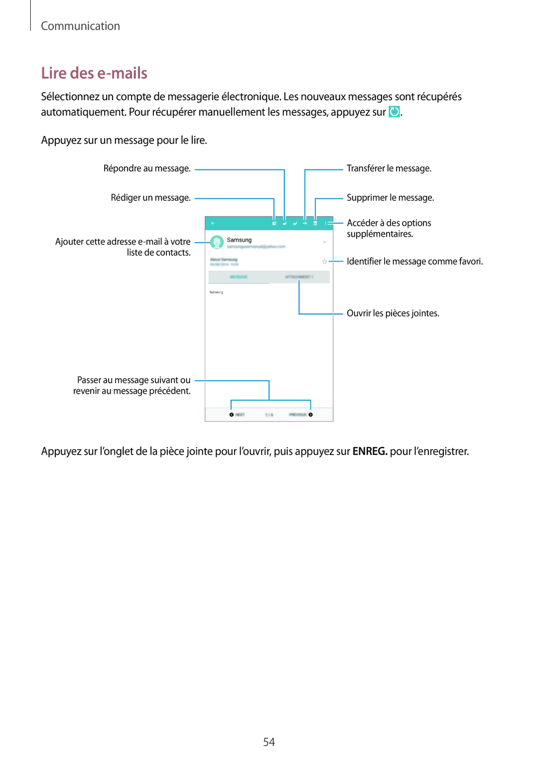 Samsung SM-T335NYKAXEF manual Lire des e-mails, Appuyez sur un message pour le lire 