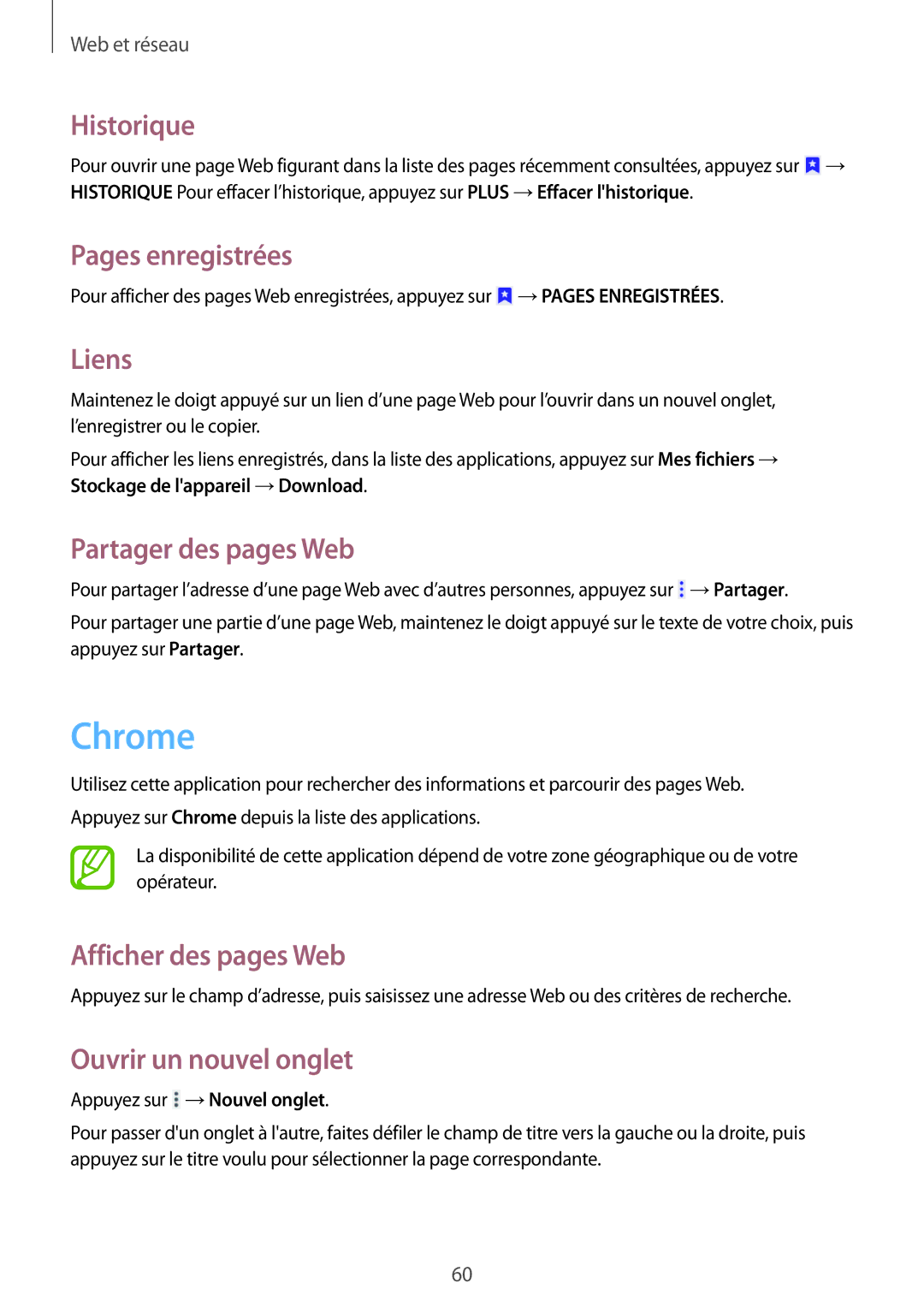 Samsung SM-T335NYKAXEF manual Chrome, Historique, Pages enregistrées, Liens, Partager des pages Web 