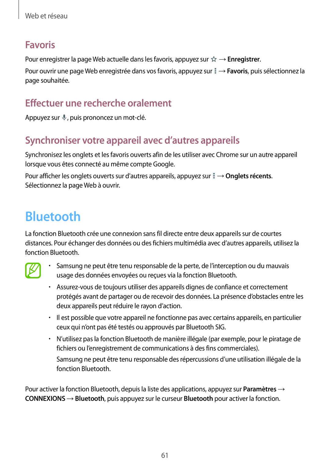 Samsung SM-T335NYKAXEF manual Bluetooth, Synchroniser votre appareil avec d’autres appareils 