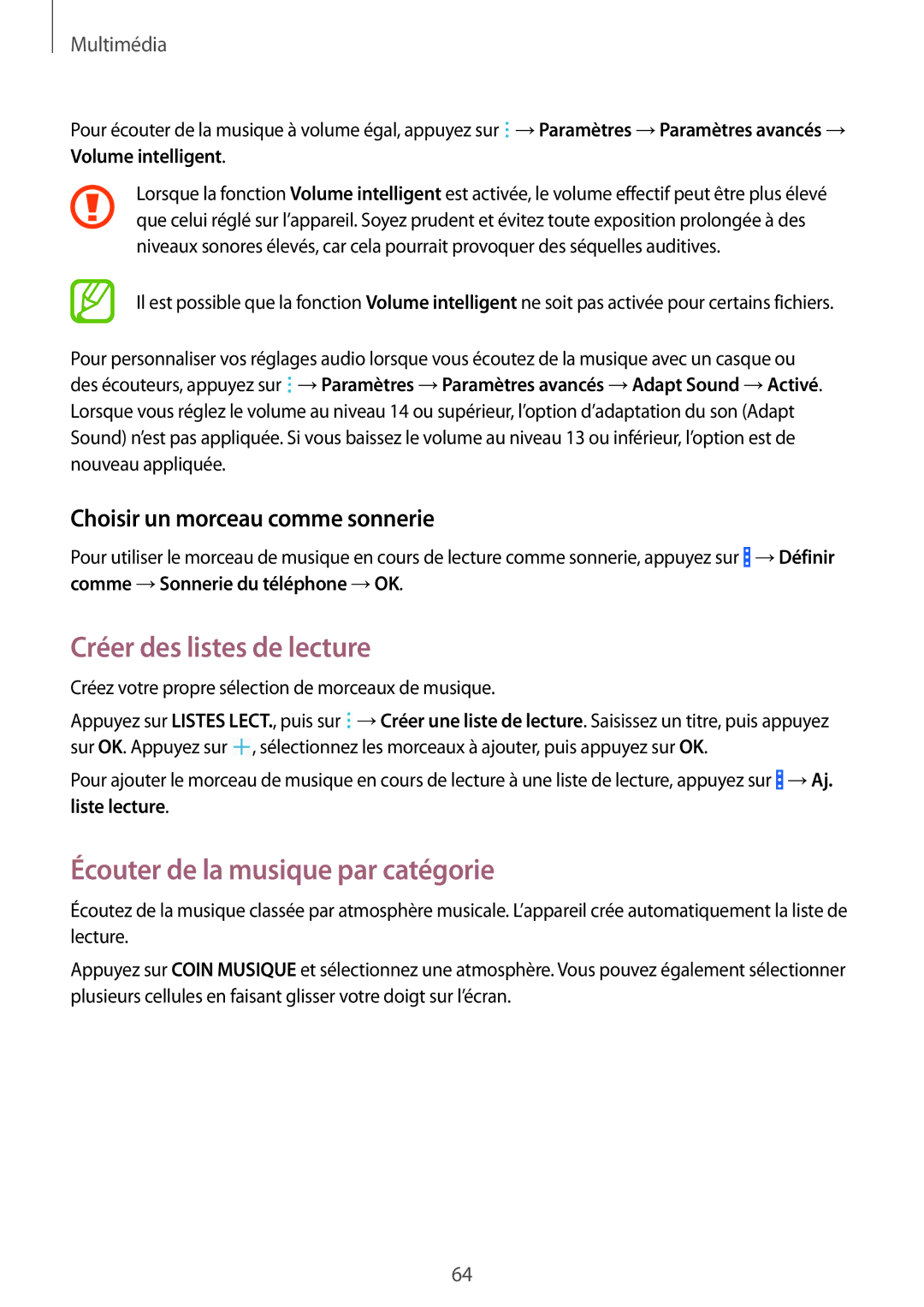 Samsung SM-T335NYKAXEF Créer des listes de lecture, Écouter de la musique par catégorie, Choisir un morceau comme sonnerie 