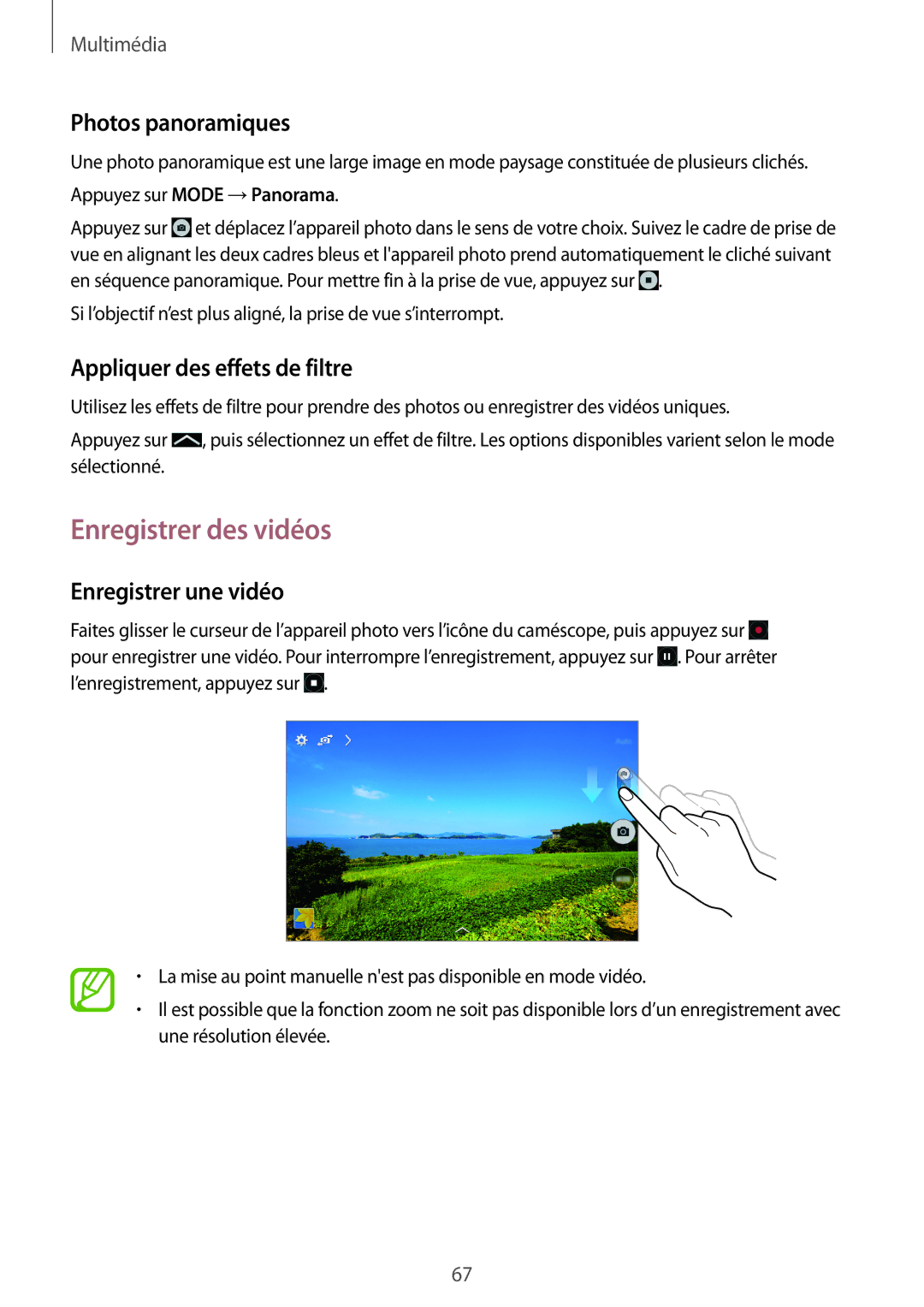 Samsung SM-T335NYKAXEF Enregistrer des vidéos, Photos panoramiques, Appliquer des effets de filtre, Enregistrer une vidéo 