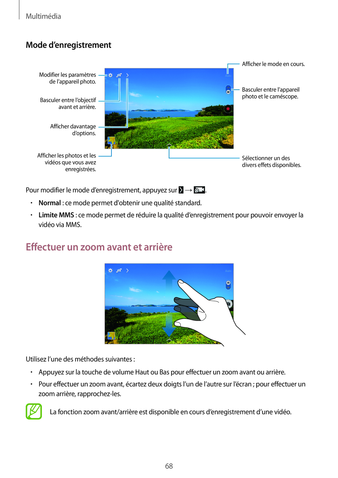 Samsung SM-T335NYKAXEF manual Effectuer un zoom avant et arrière, Mode d’enregistrement 