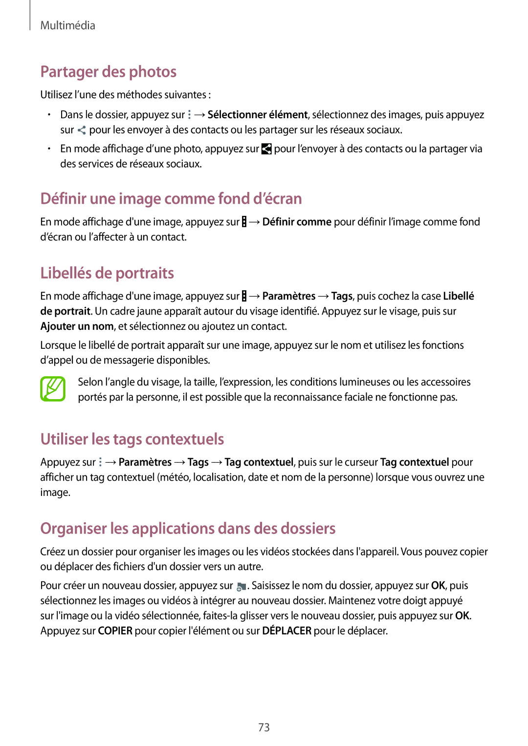 Samsung SM-T335NYKAXEF manual Définir une image comme fond d’écran, Libellés de portraits, Utiliser les tags contextuels 