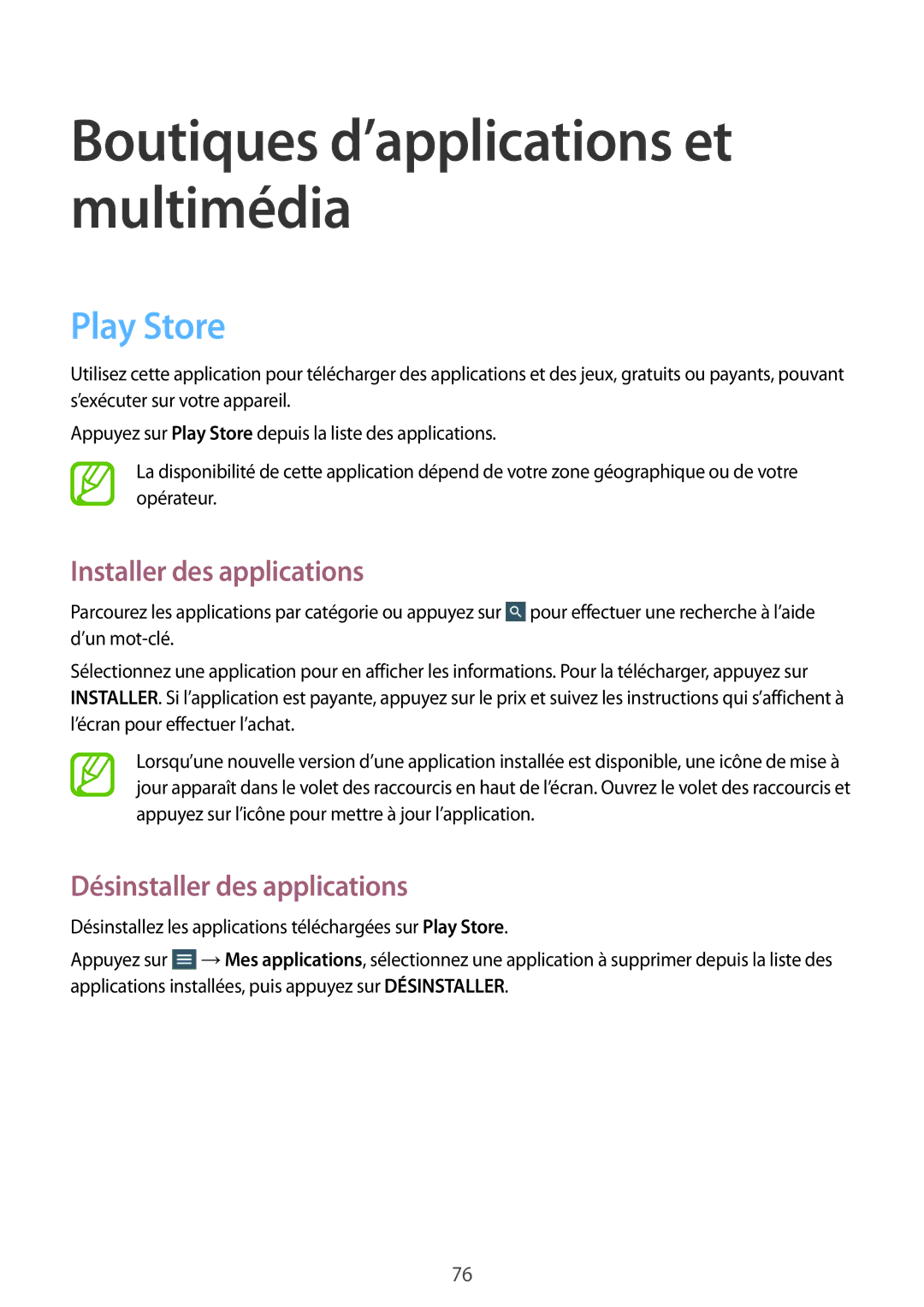 Samsung SM-T335NYKAXEF manual Boutiques d’applications et multimédia, Play Store 