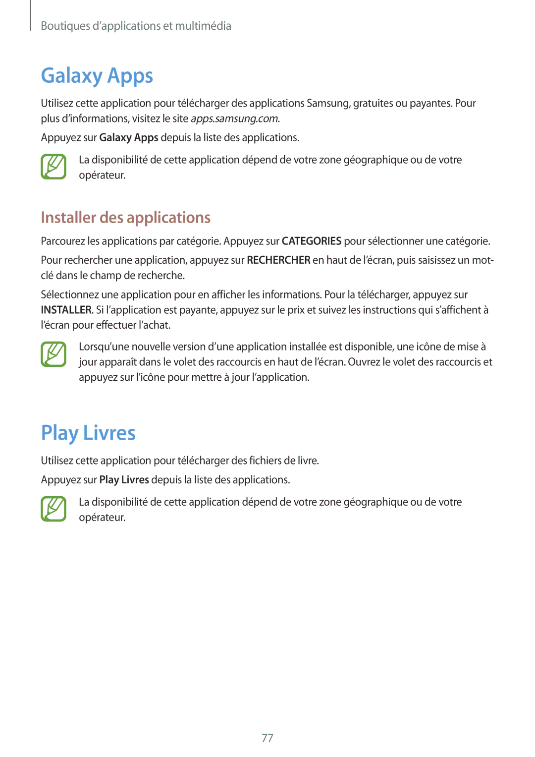 Samsung SM-T335NYKAXEF manual Galaxy Apps, Play Livres 