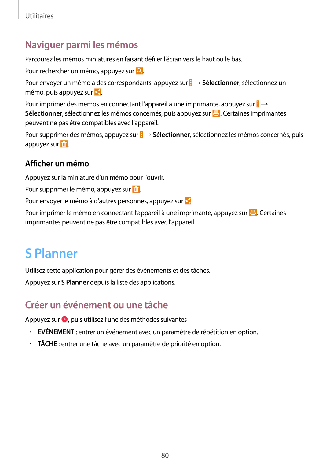 Samsung SM-T335NYKAXEF manual Planner, Naviguer parmi les mémos, Créer un événement ou une tâche, Afficher un mémo 