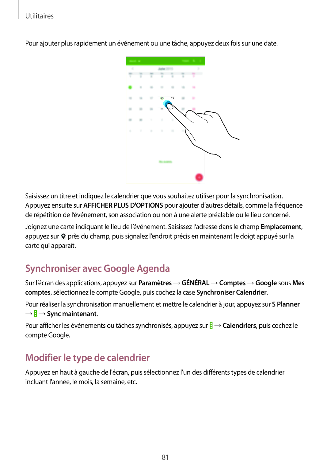 Samsung SM-T335NYKAXEF manual Synchroniser avec Google Agenda, Modifier le type de calendrier, → →Sync maintenant 