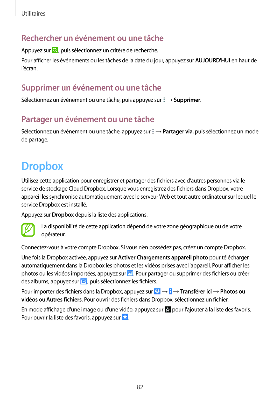 Samsung SM-T335NYKAXEF manual Dropbox, Rechercher un événement ou une tâche, Supprimer un événement ou une tâche 