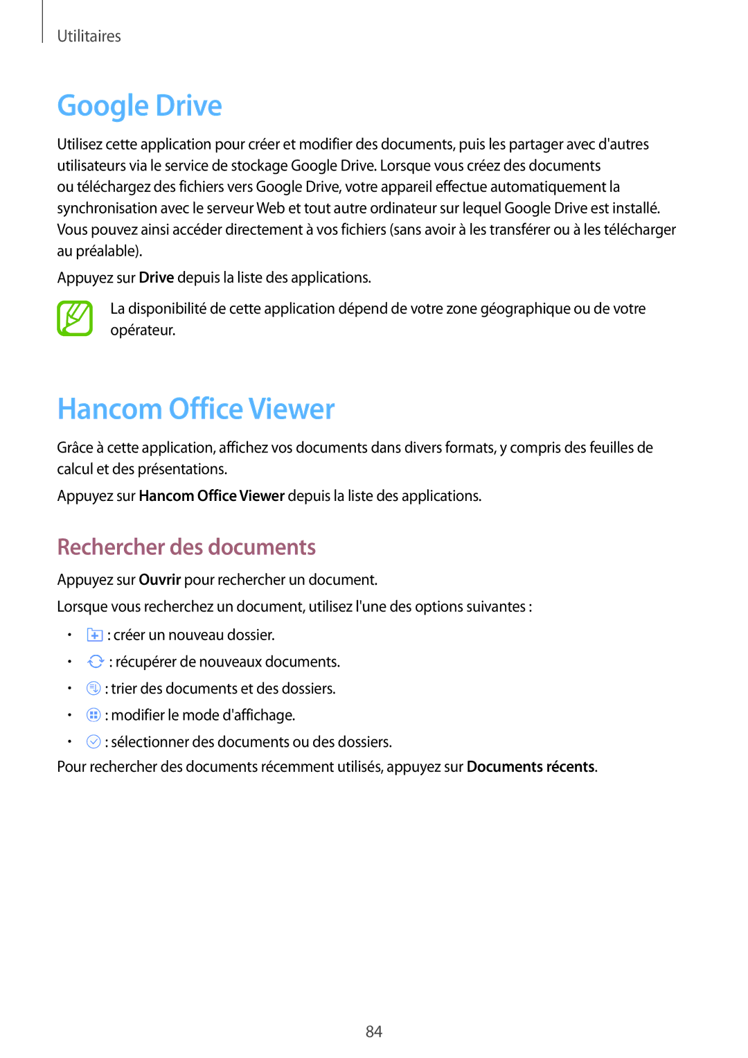 Samsung SM-T335NYKAXEF manual Google Drive, Hancom Office Viewer, Rechercher des documents 