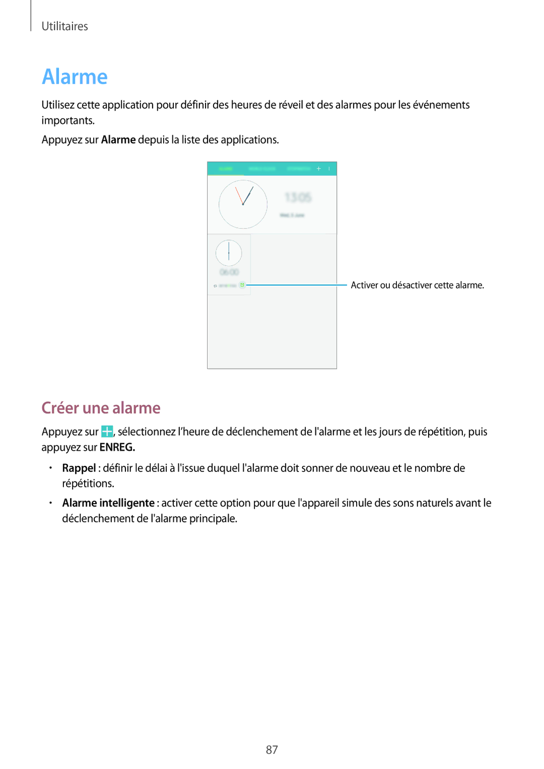 Samsung SM-T335NYKAXEF manual Alarme, Créer une alarme 