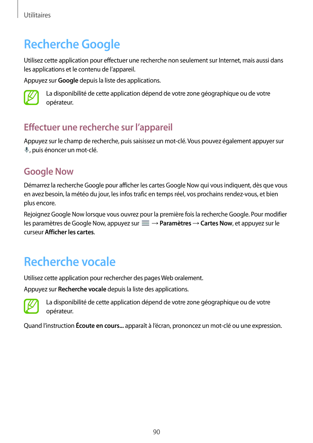 Samsung SM-T335NYKAXEF manual Recherche Google, Recherche vocale, Effectuer une recherche sur l’appareil, Google Now 