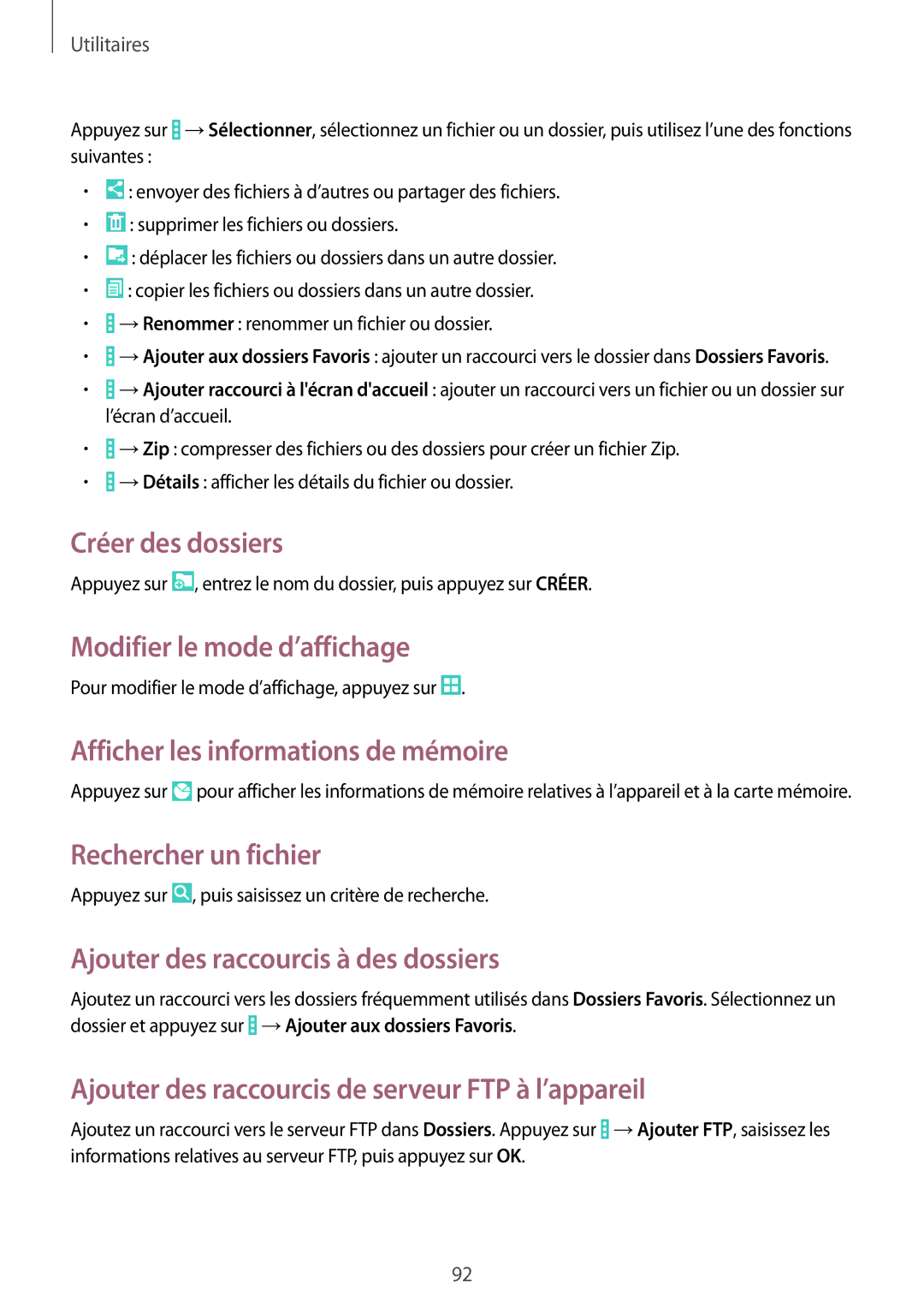 Samsung SM-T335NYKAXEF manual Créer des dossiers, Modifier le mode d’affichage, Afficher les informations de mémoire 