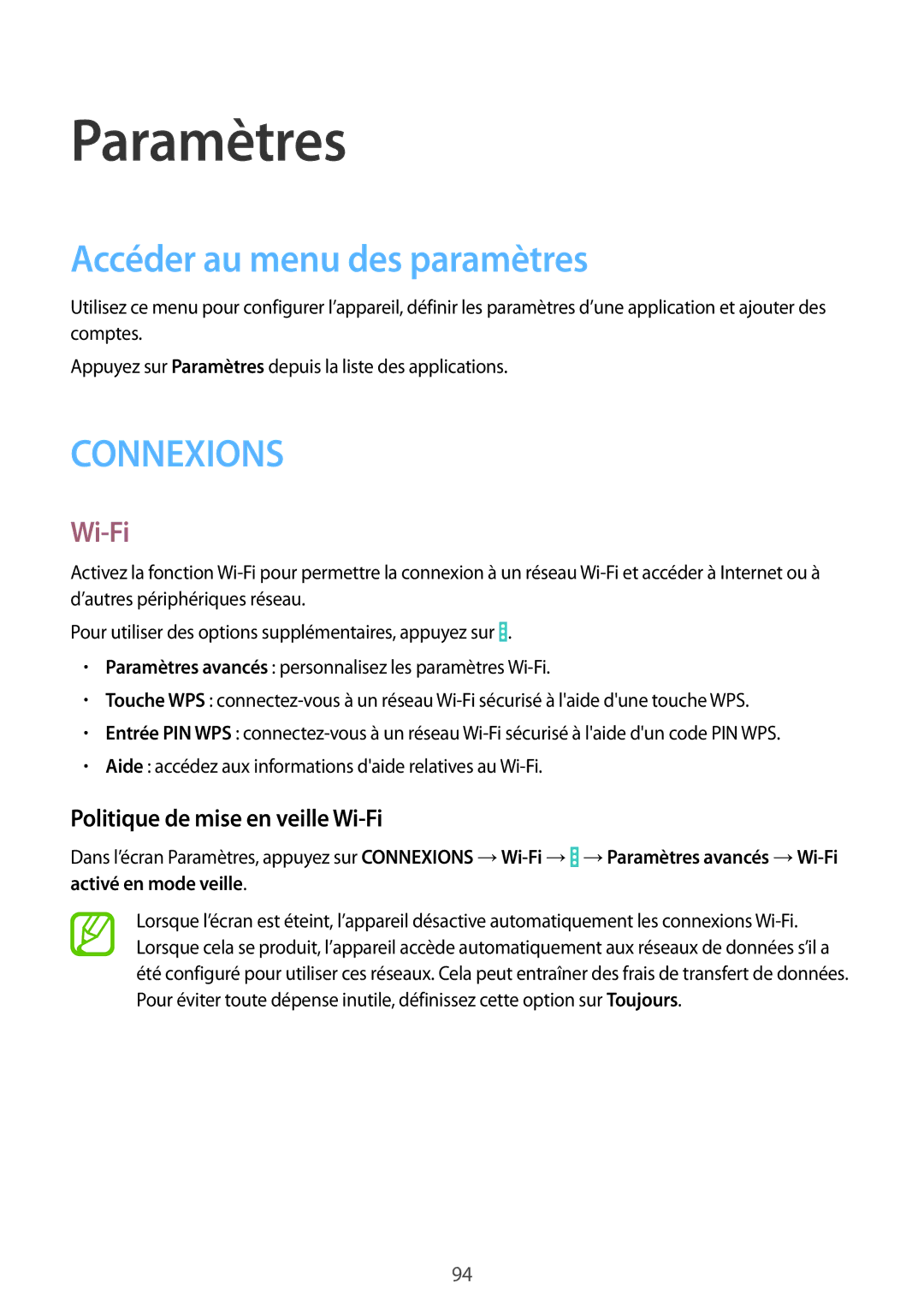 Samsung SM-T335NYKAXEF manual Paramètres, Accéder au menu des paramètres, Politique de mise en veille Wi-Fi 