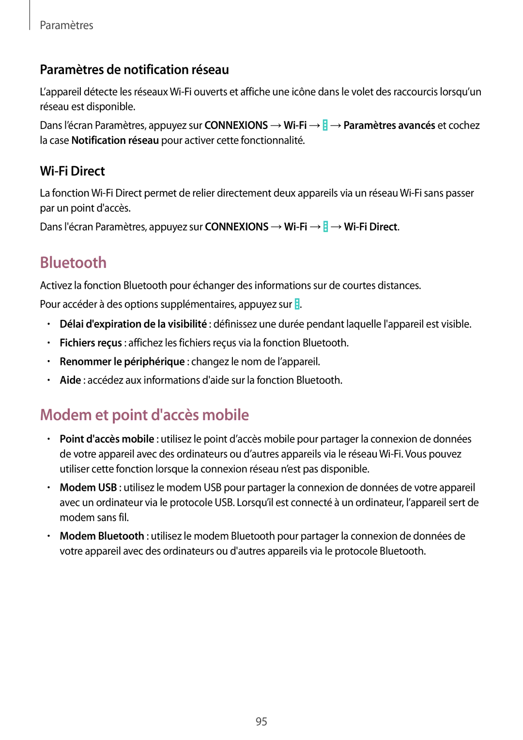 Samsung SM-T335NYKAXEF manual Bluetooth, Modem et point daccès mobile, Paramètres de notification réseau, Wi-Fi Direct 