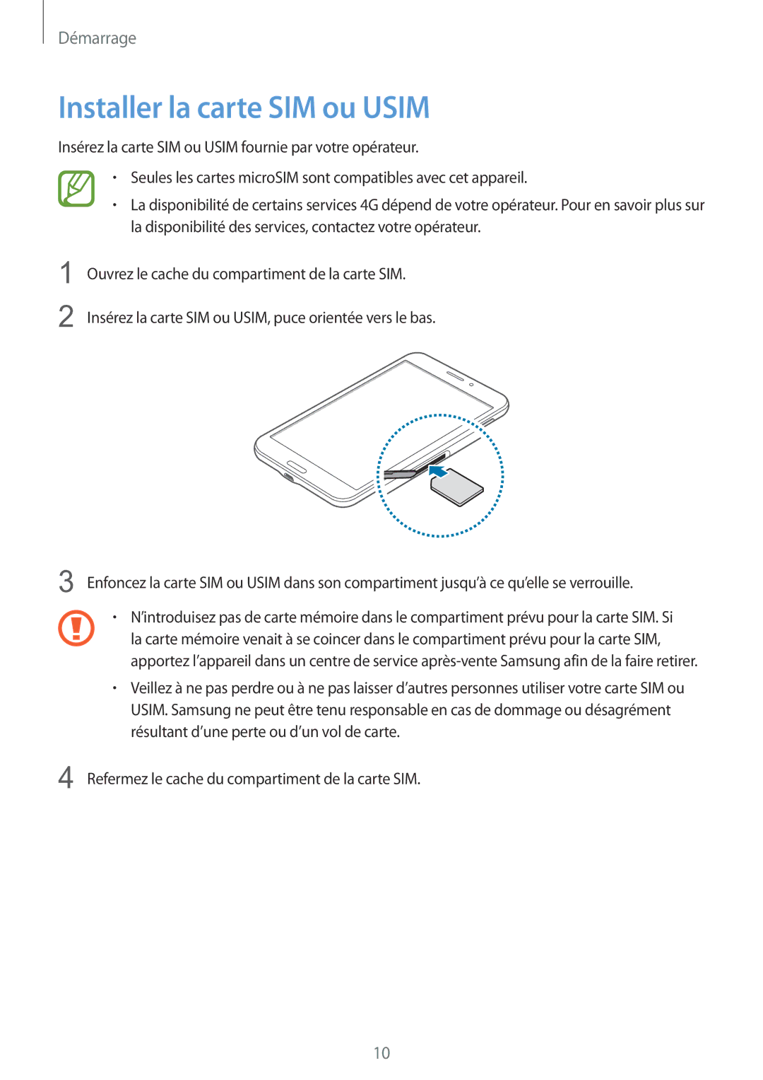 Samsung SM-T335NYKAXEF manual Installer la carte SIM ou Usim 