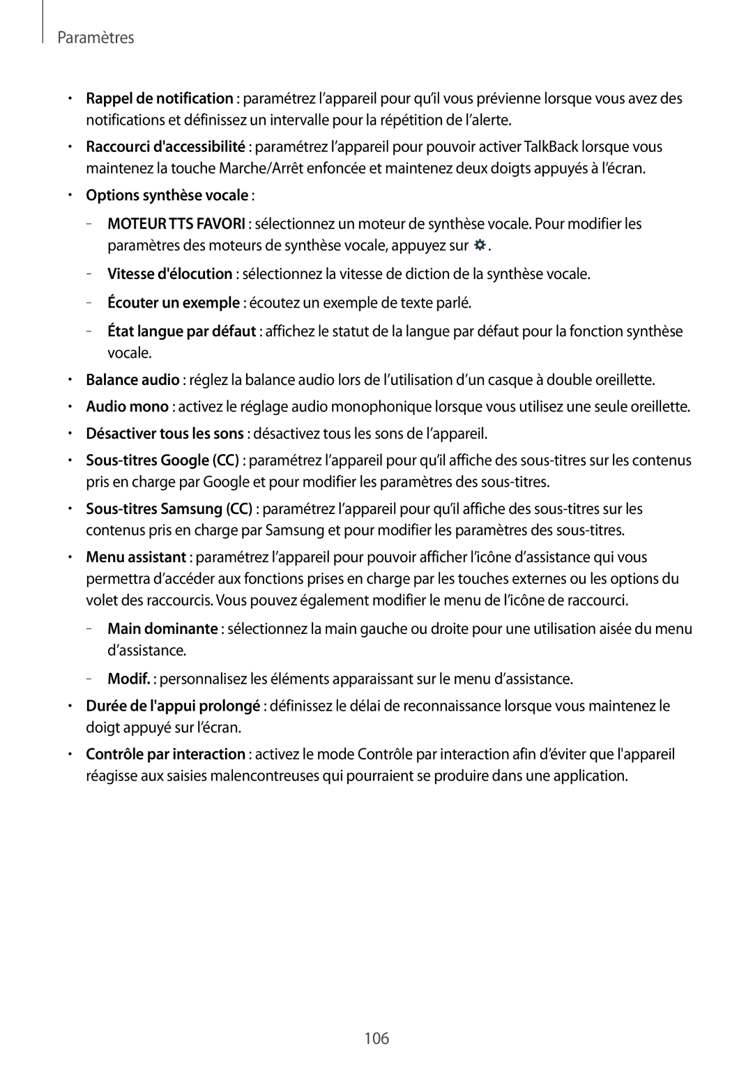 Samsung SM-T335NYKAXEF manual Options synthèse vocale 