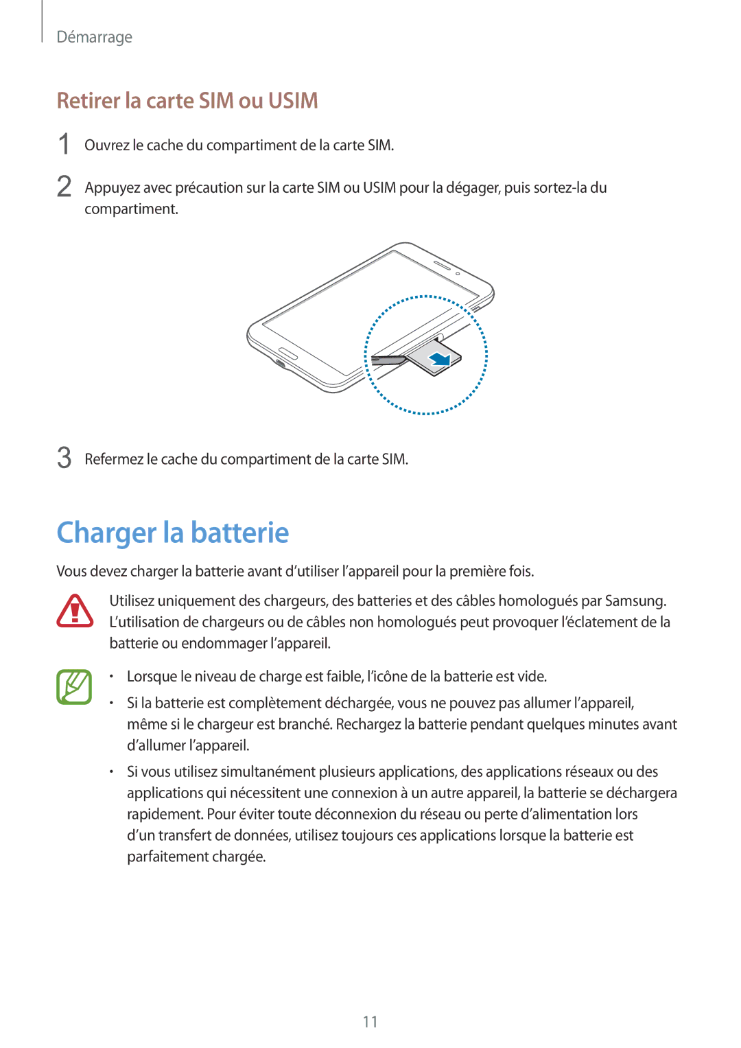 Samsung SM-T335NYKAXEF manual Charger la batterie, Retirer la carte SIM ou Usim 