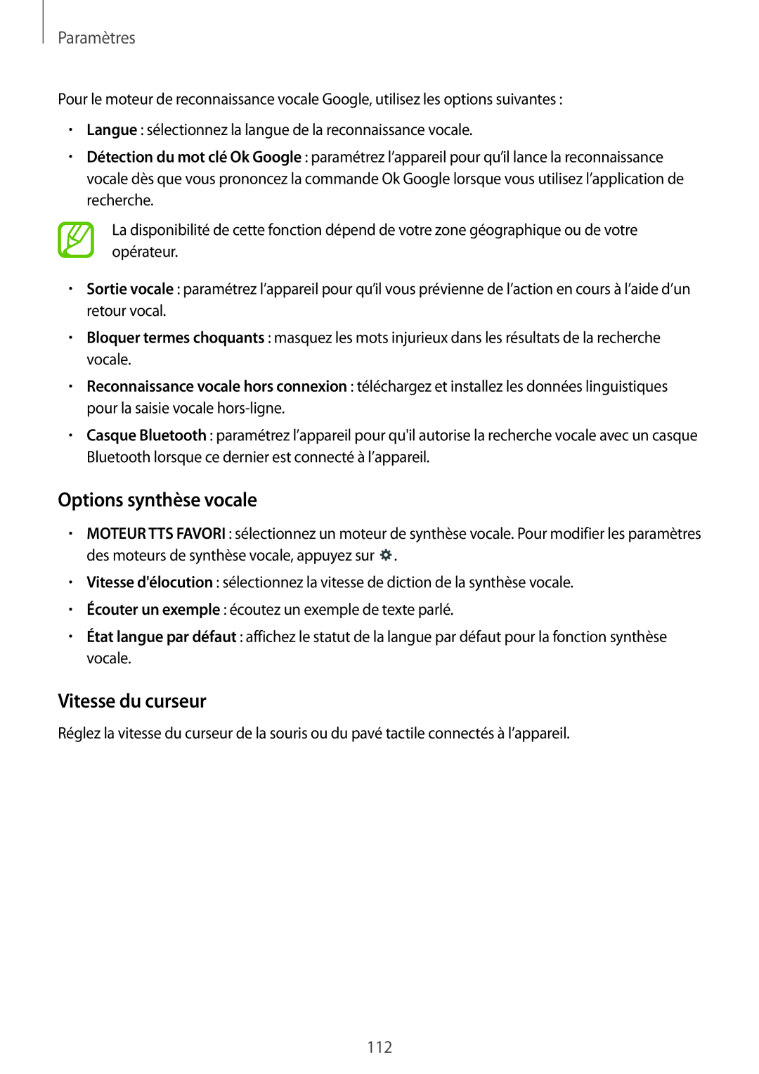 Samsung SM-T335NYKAXEF manual Options synthèse vocale, Vitesse du curseur 