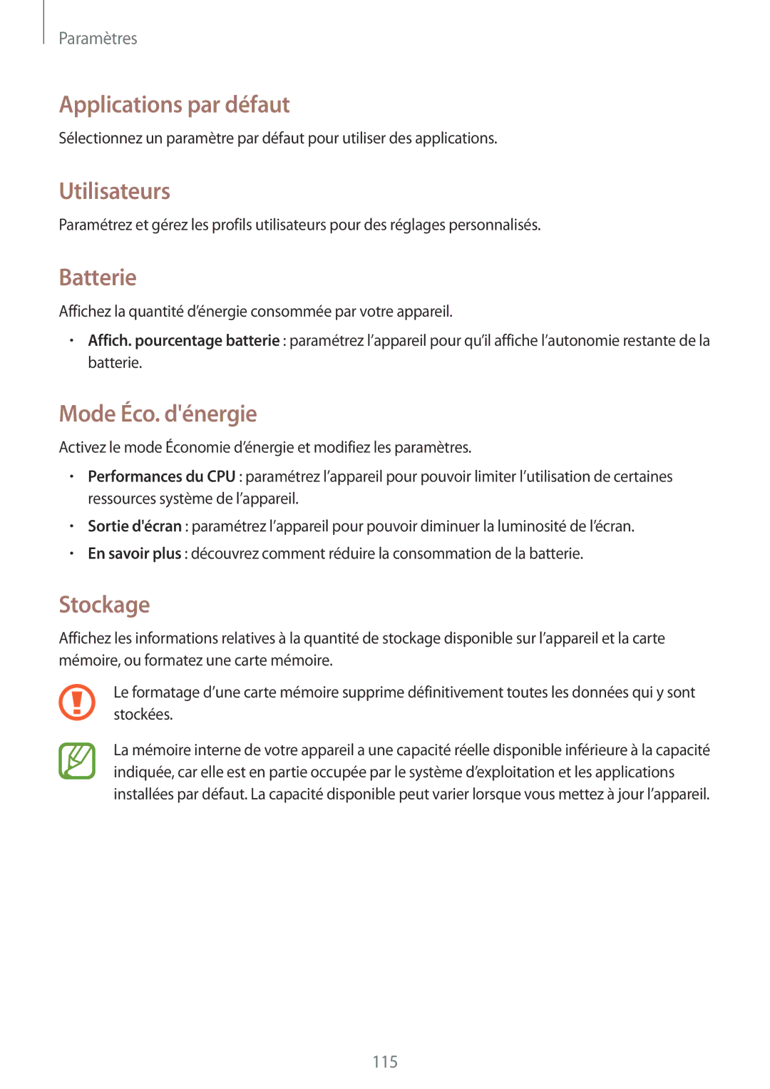 Samsung SM-T335NYKAXEF manual Applications par défaut, Utilisateurs, Batterie, Mode Éco. dénergie, Stockage 