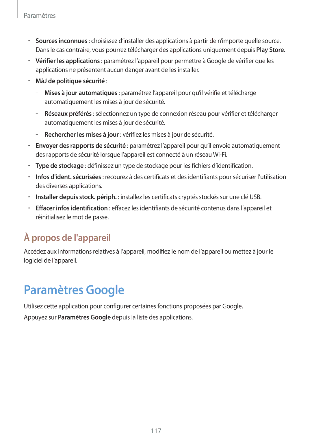 Samsung SM-T335NYKAXEF manual Paramètres Google, Propos de lappareil, MàJ de politique sécurité 