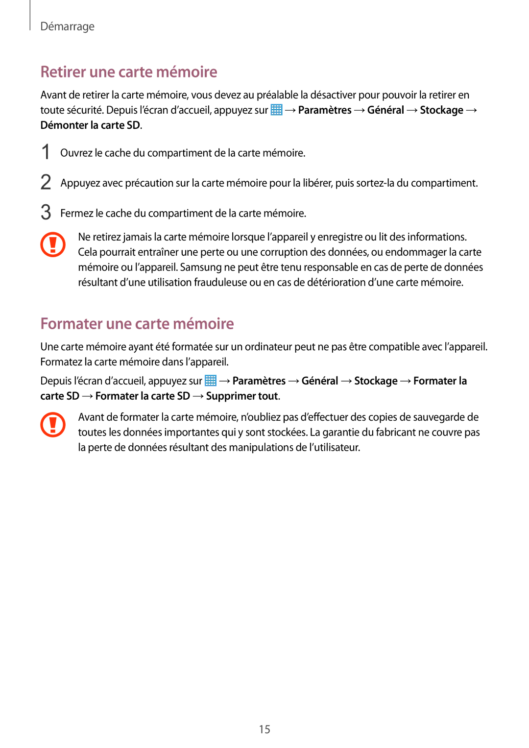 Samsung SM-T335NYKAXEF manual Retirer une carte mémoire, Formater une carte mémoire 