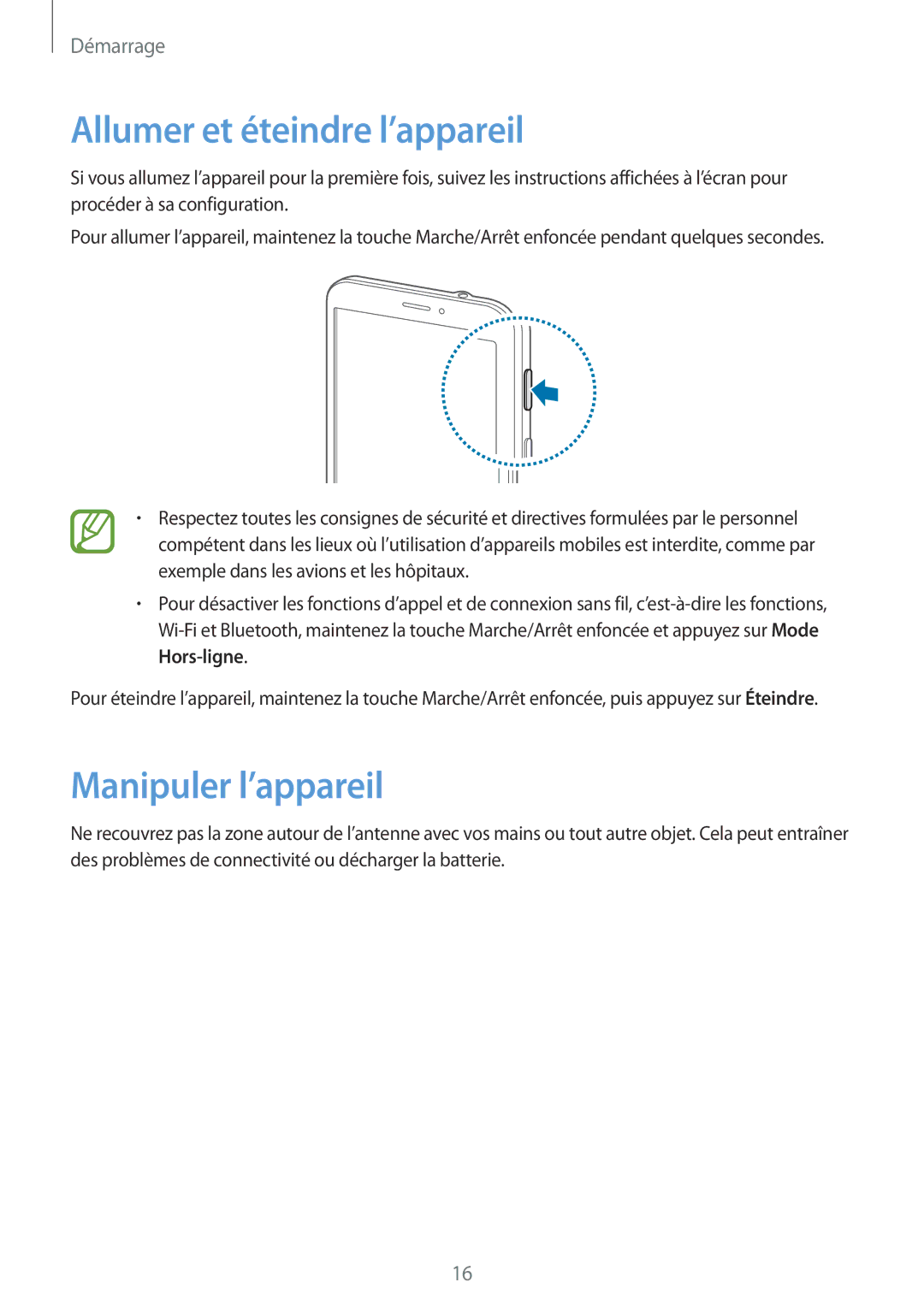 Samsung SM-T335NYKAXEF manual Allumer et éteindre l’appareil, Manipuler l’appareil 