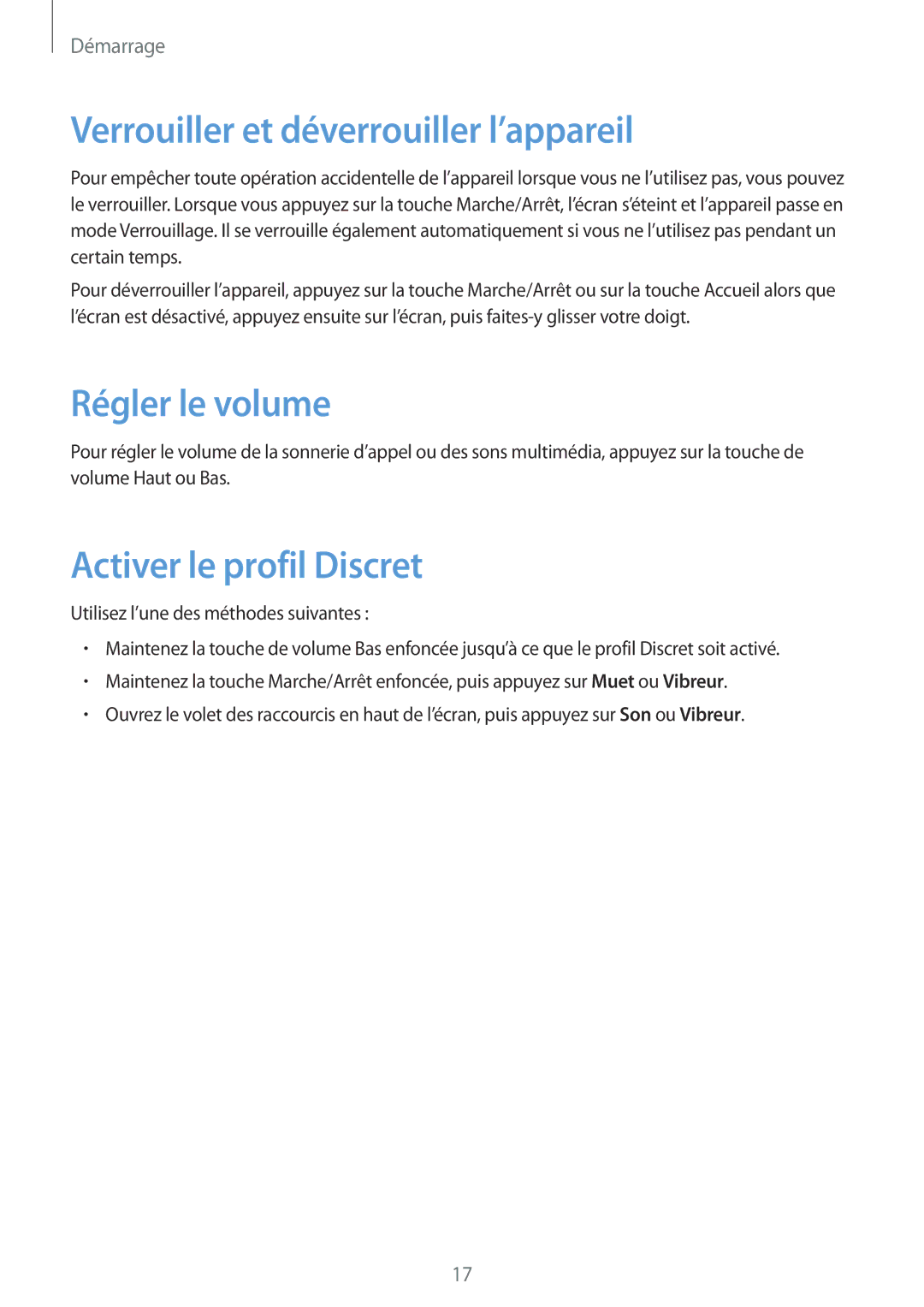 Samsung SM-T335NYKAXEF manual Verrouiller et déverrouiller l’appareil, Régler le volume, Activer le profil Discret 